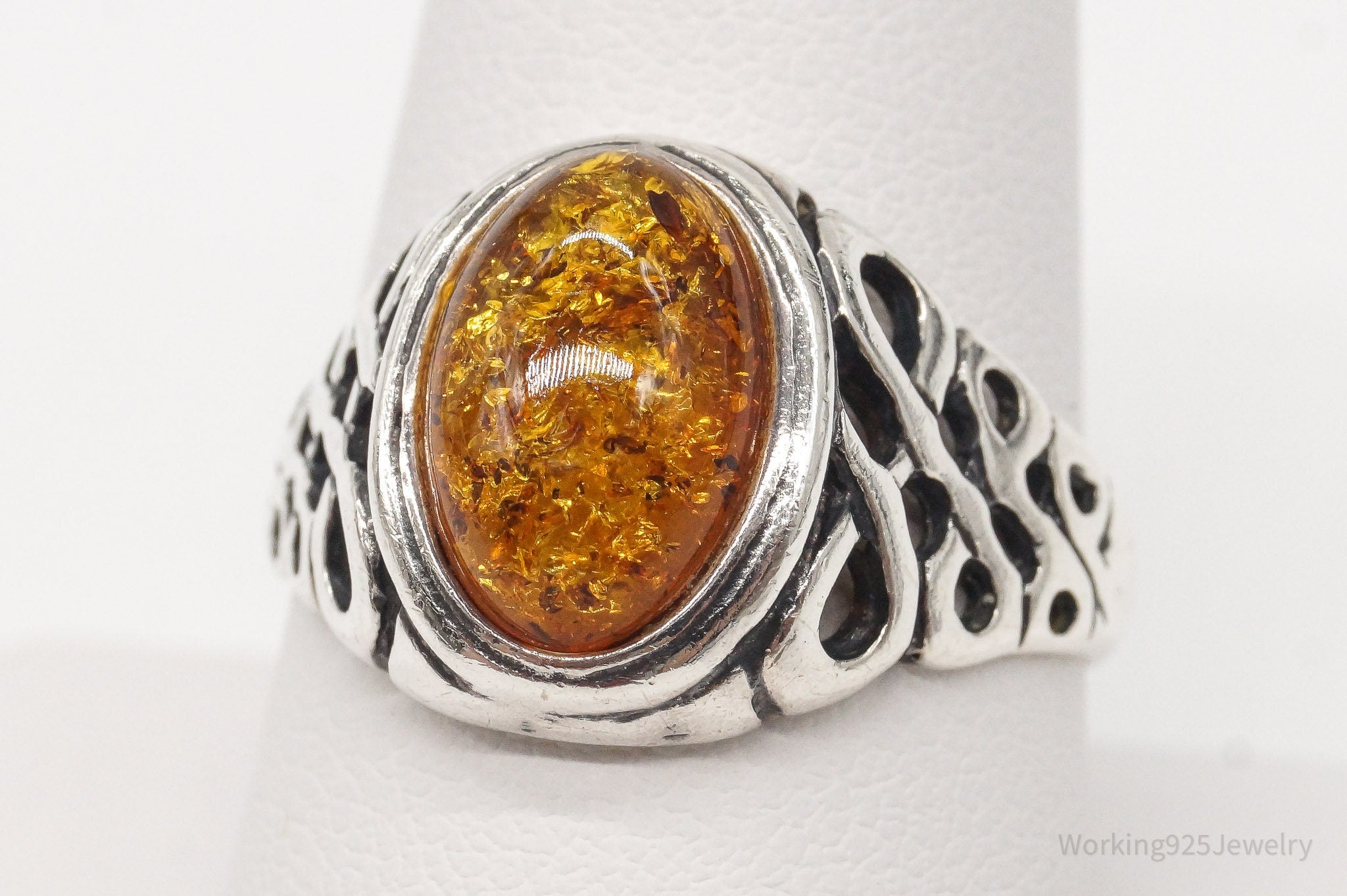 Vintage Amber Sterling Silver Ring - Size 9.5