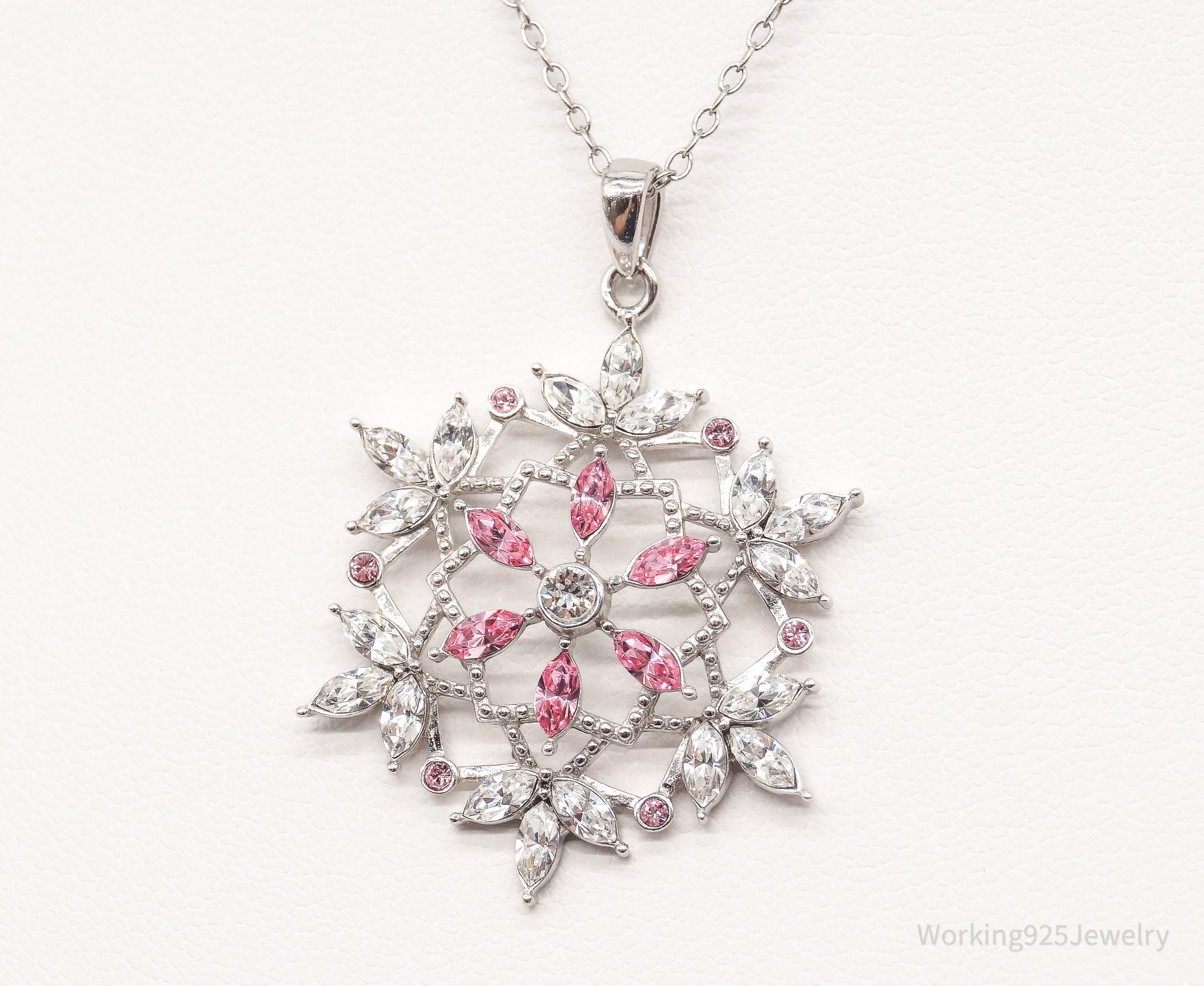 Vintage Designer RL Pink & White Crystal Snowflake Sterling Silver Necklace