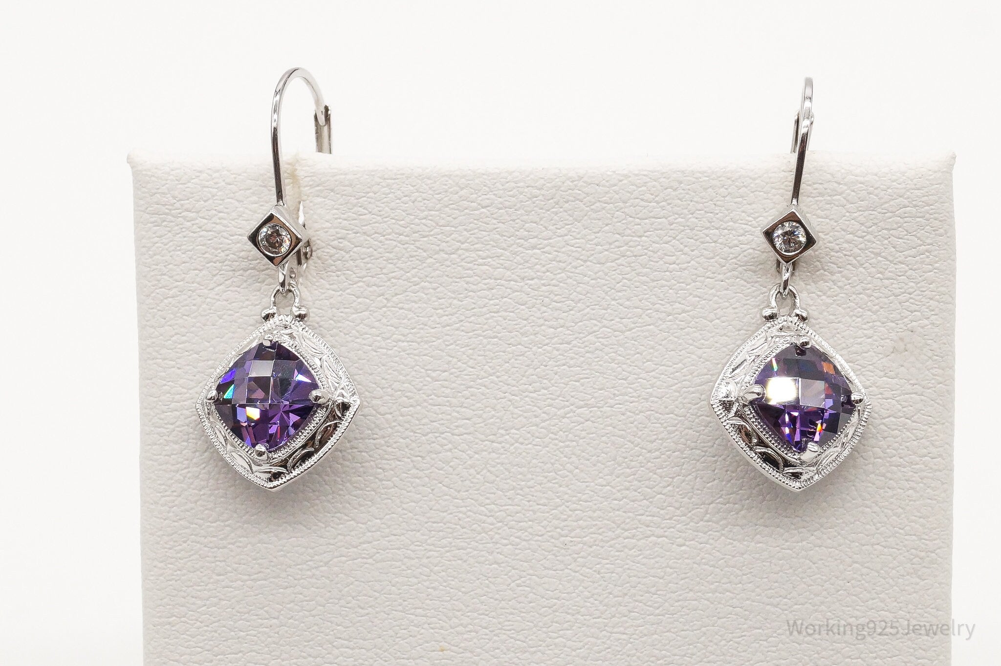 Vintage Designer Purple & White Cubic Zirconia Sterling Silver Earrings