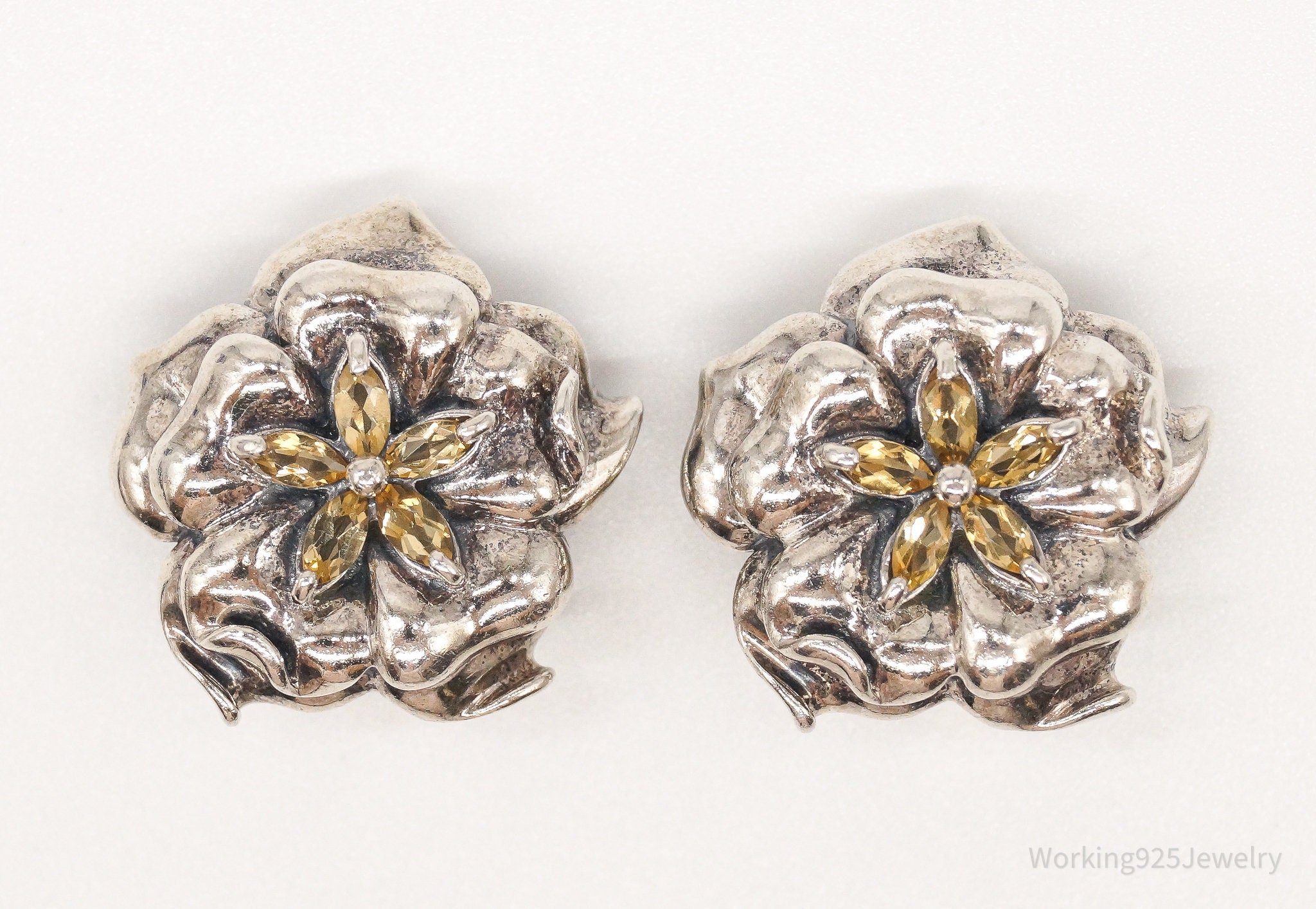 Designer Ross Simons Retired Citrine Flower Sterling Silver Clip On Earrings