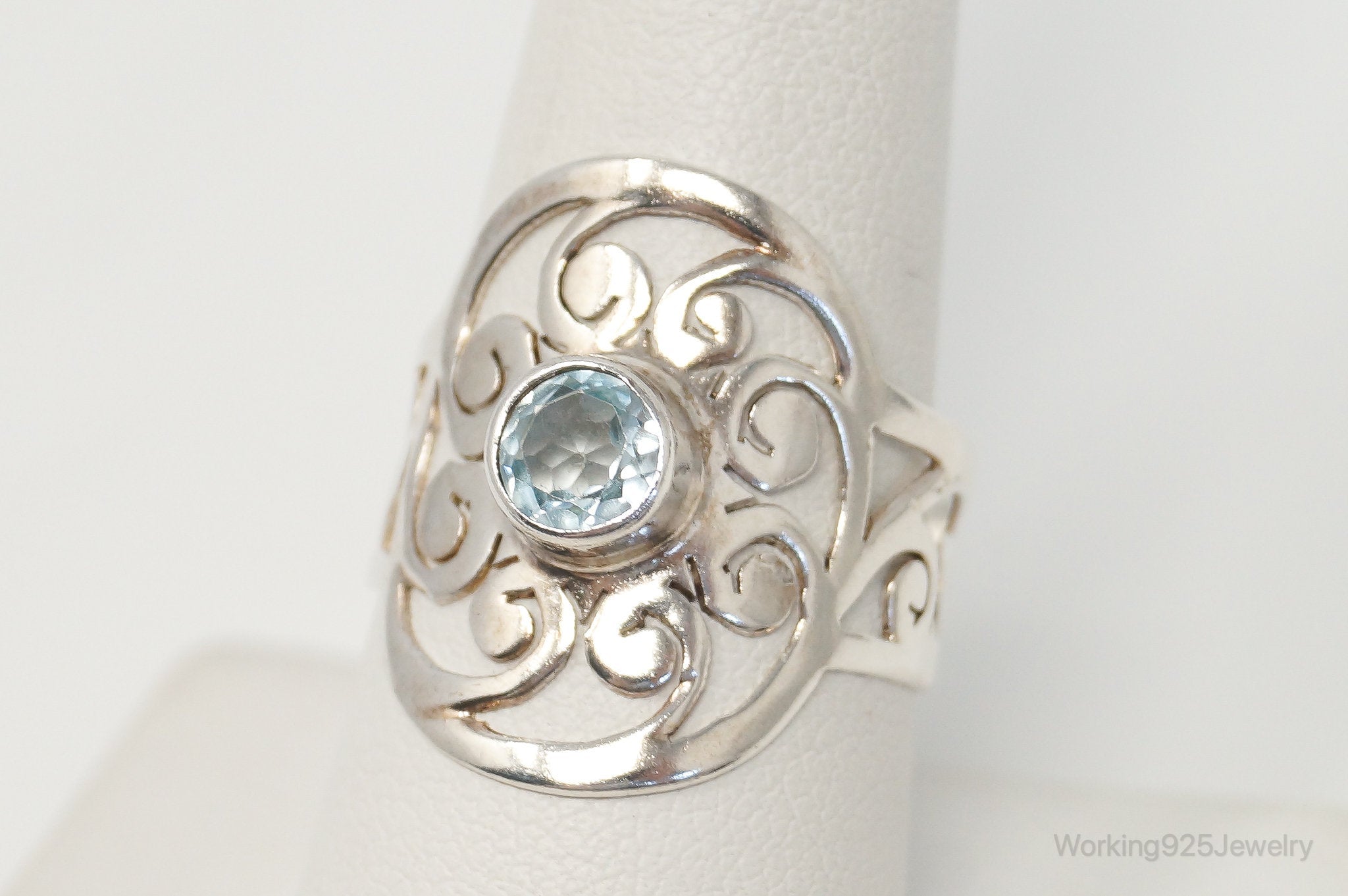 Vintage Bali Style Blue Topaz Cut Out Sterling Silver Ring - Size 9