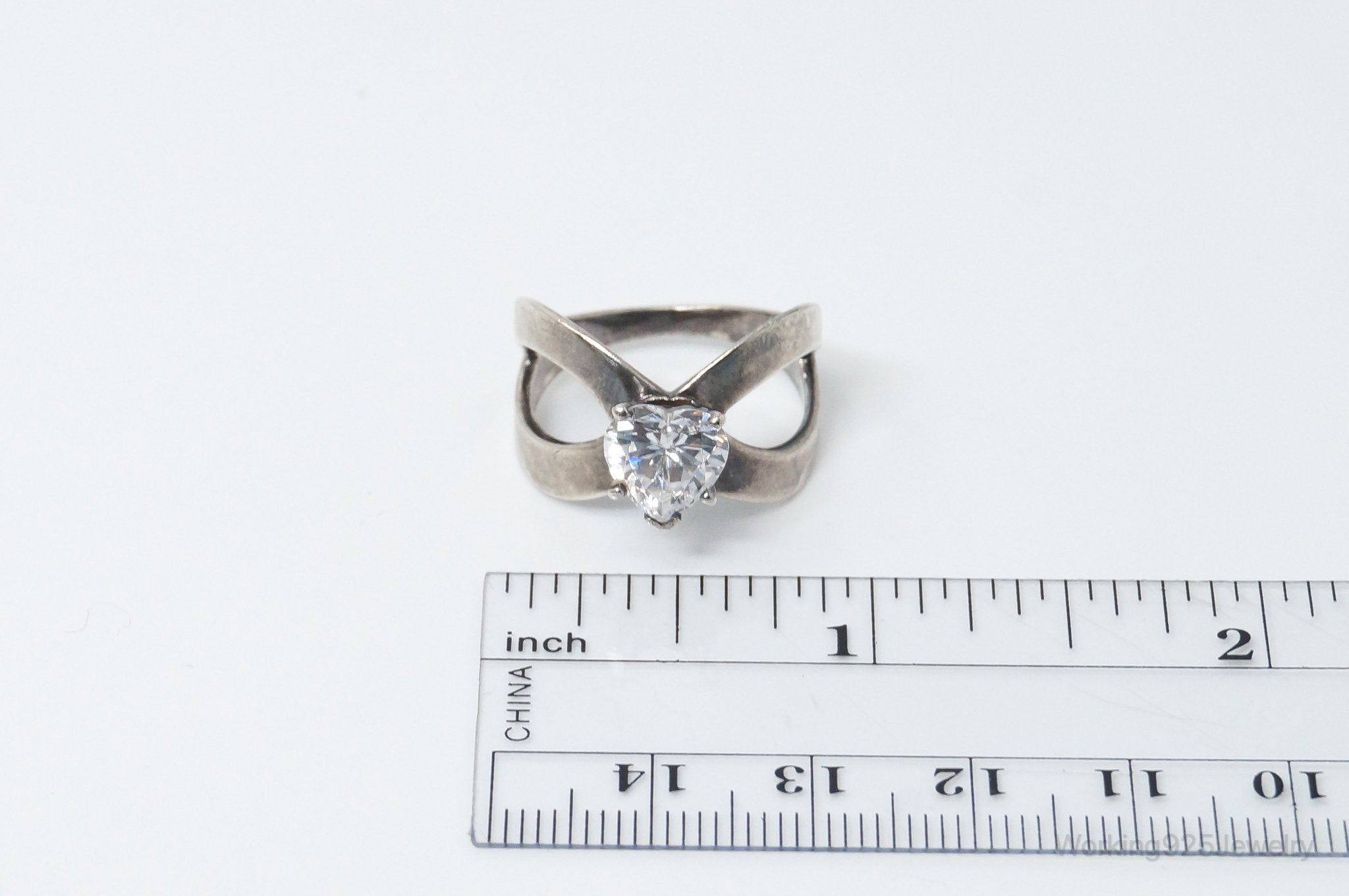 Vintage DQ Cubic Zirconia Heart Sterling Silver Ring - Size 8