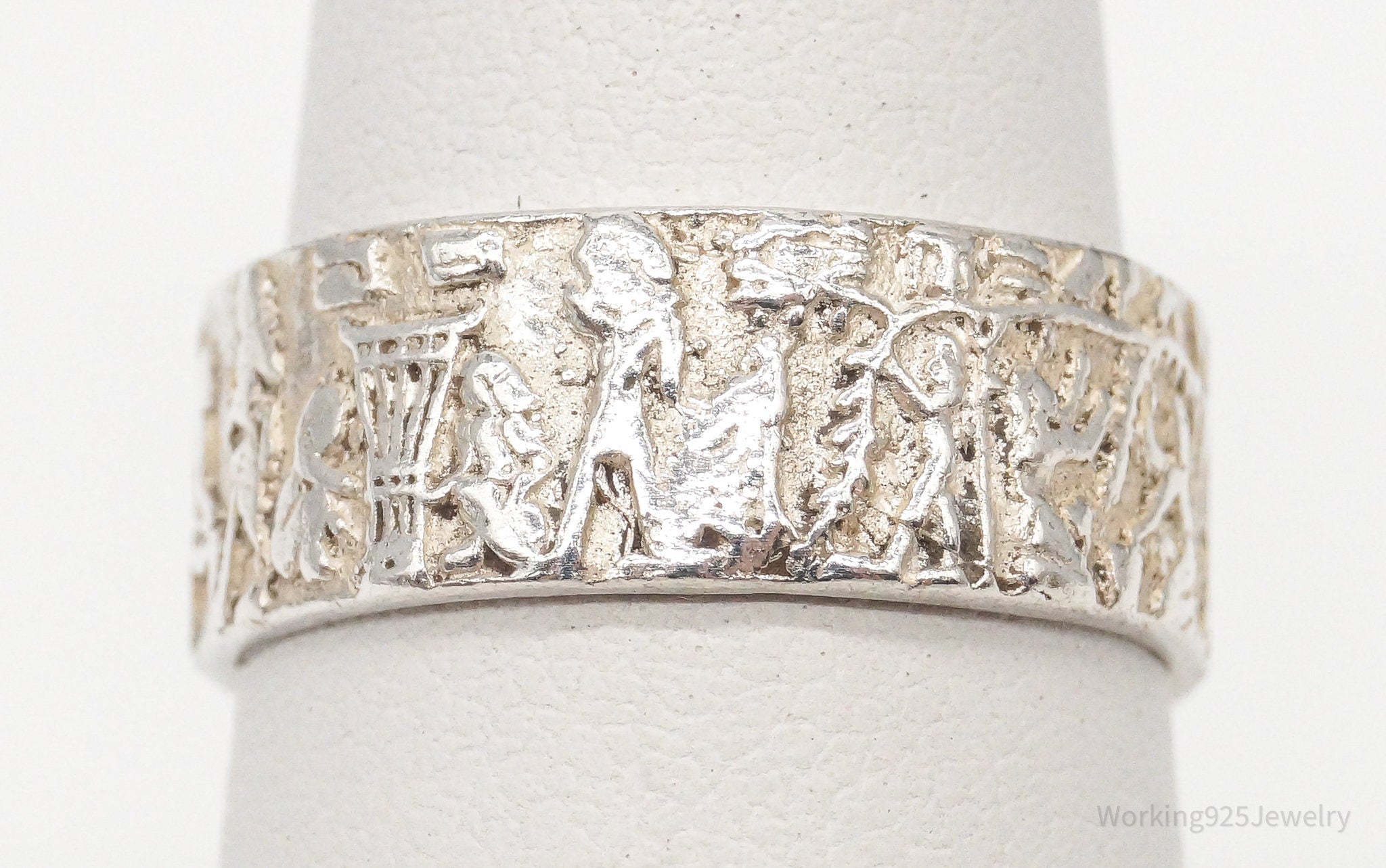 Vintage Hieroglyphic Sterling Silver Band Ring - Size 4.75