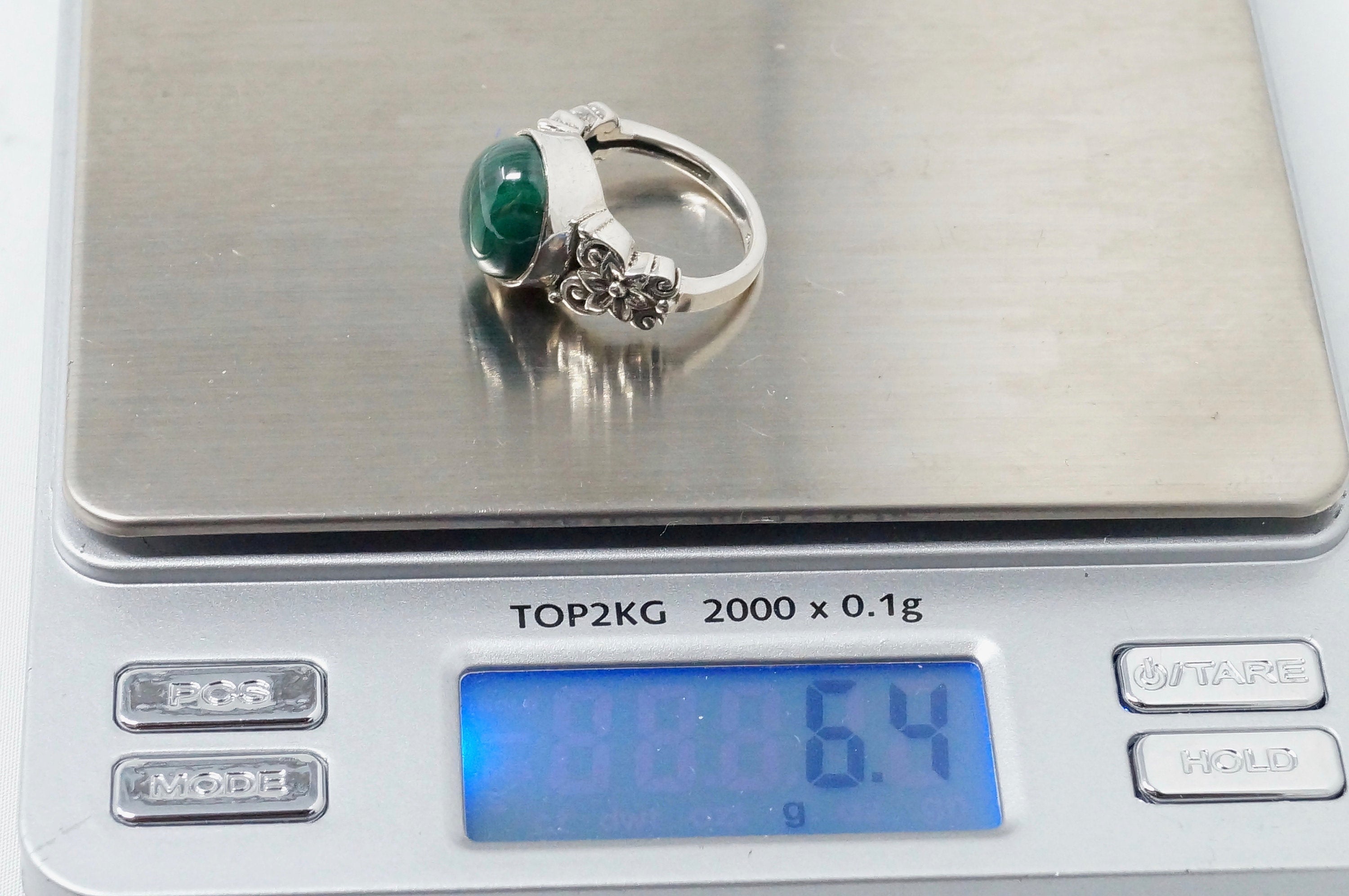 Vintage Green Malachite Floral Repousse Flower Sterling Silver Ring Sz 4.75