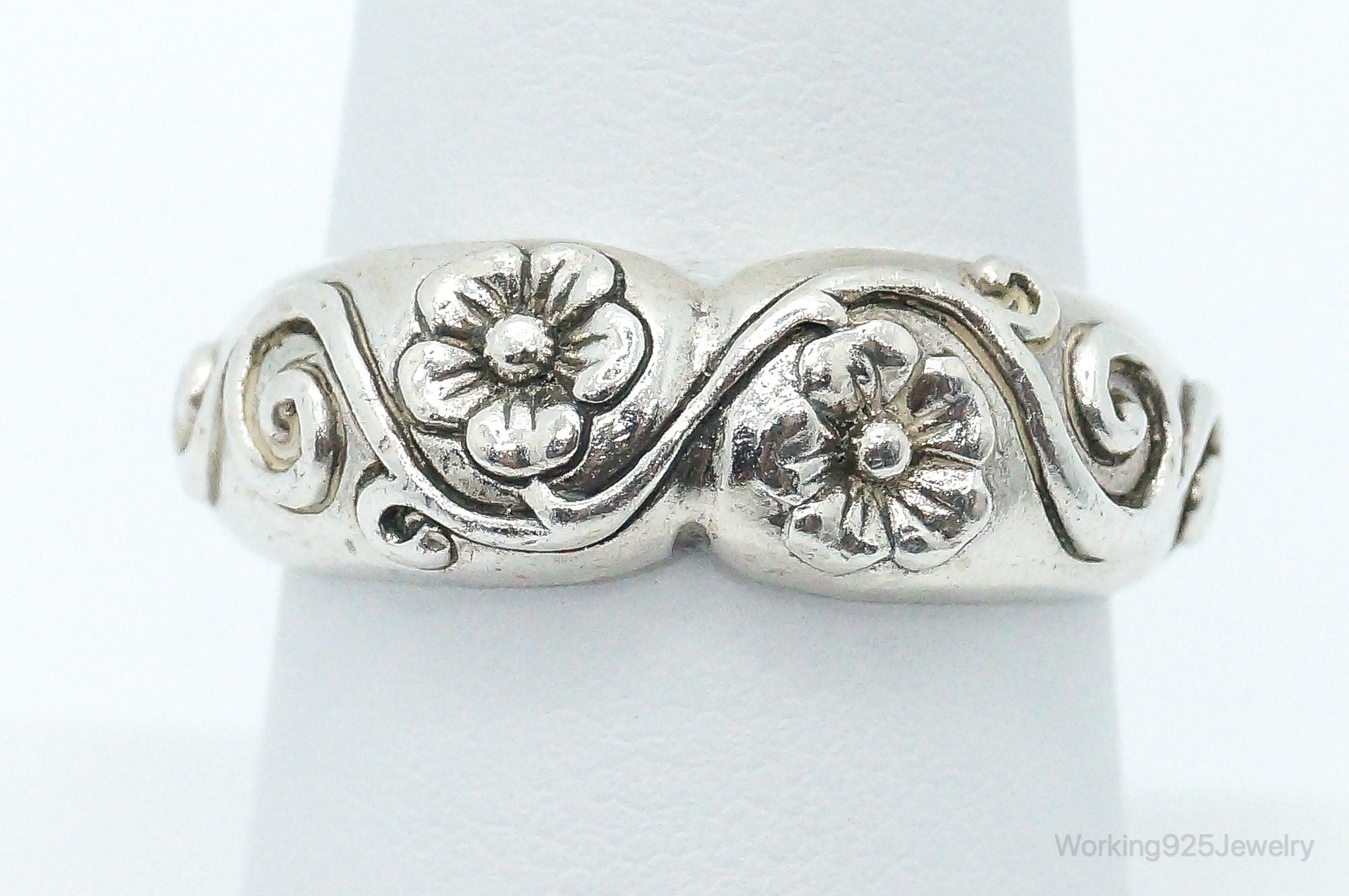 Vintage Designer JEZ Floral Design Sterling Silver Ring - Size 7.5