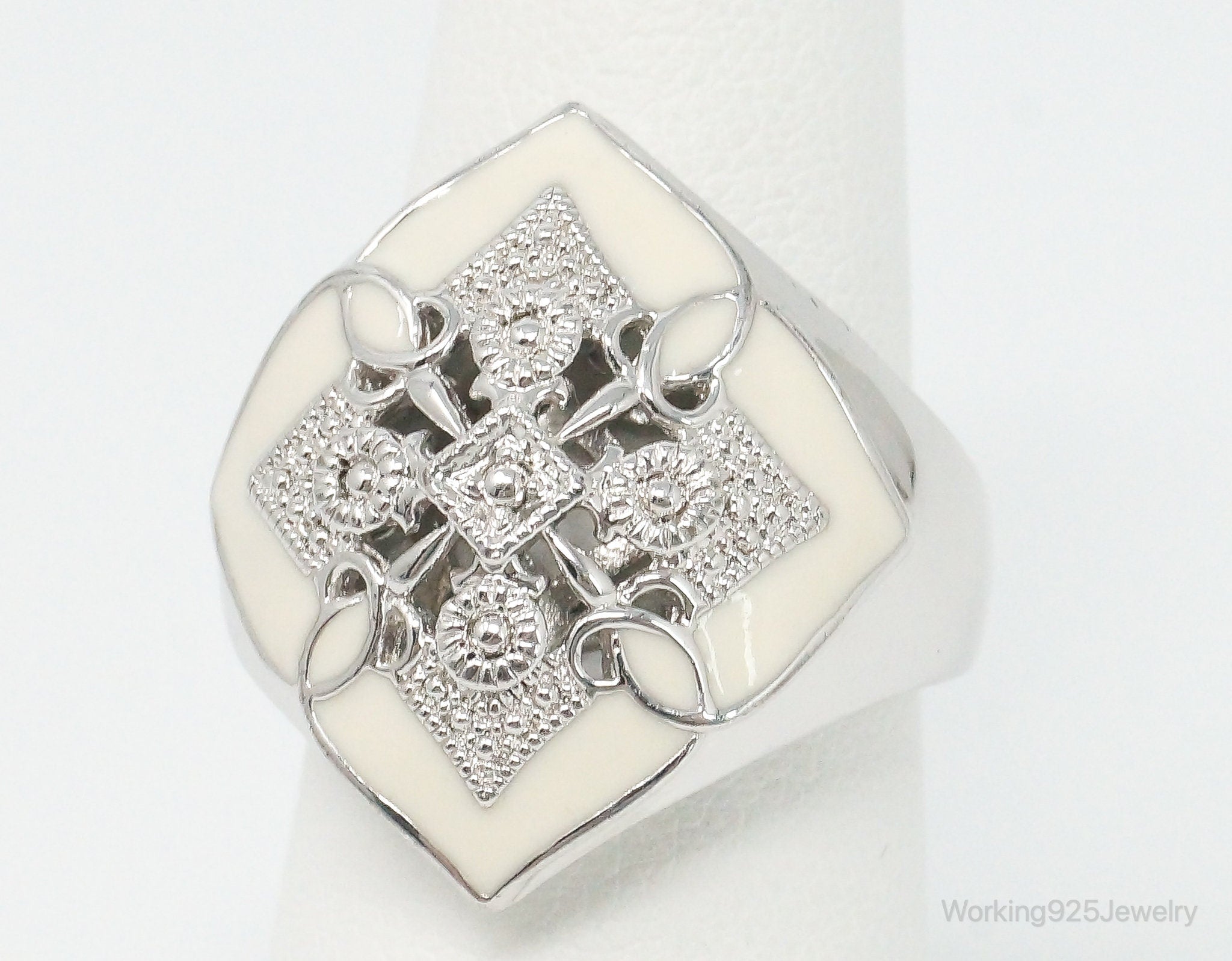 Vintage Designer Art Deco White Enamel Sterling Silver Ring - Size 7.25