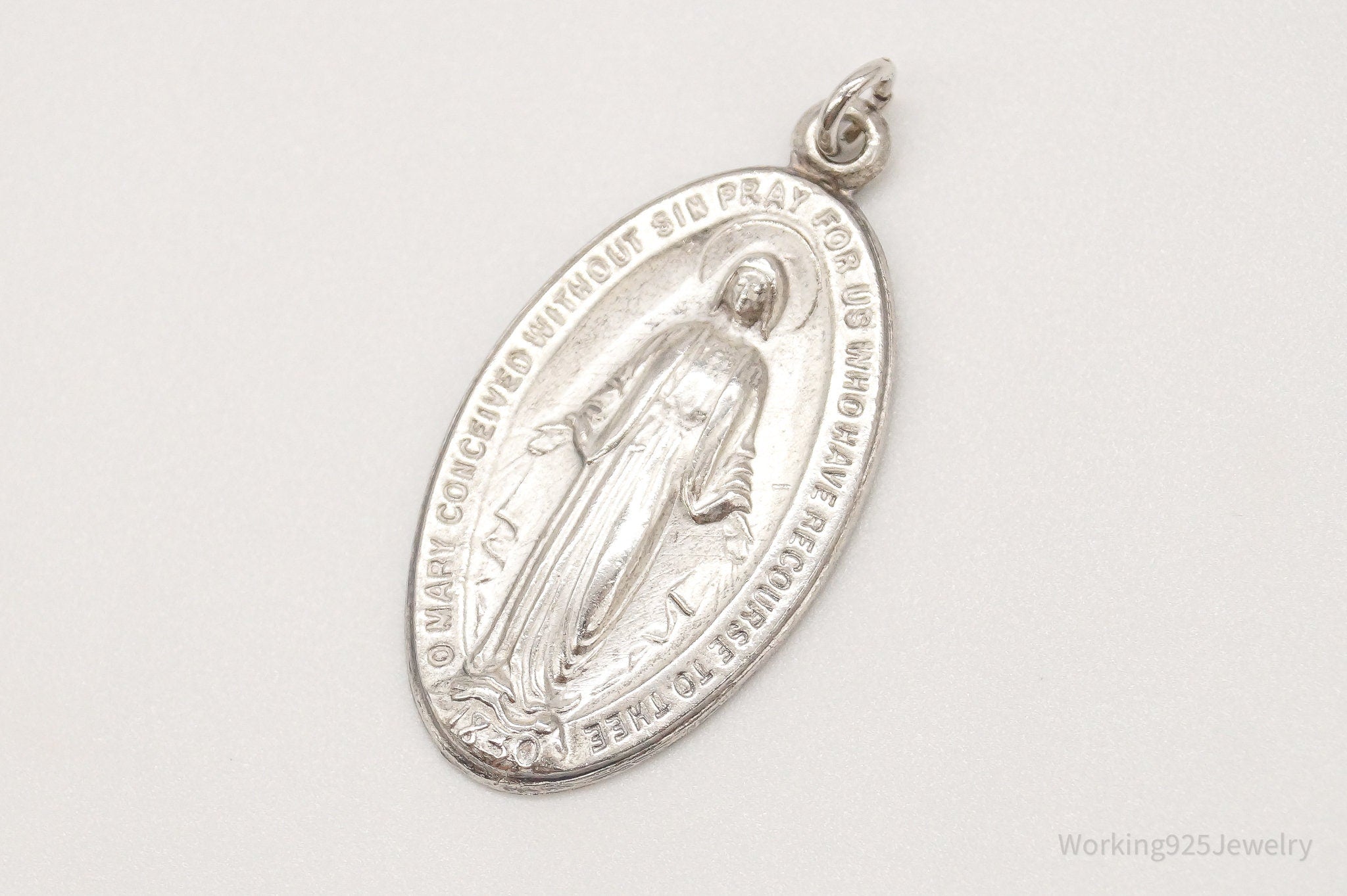 Antique Mary Pray For Us Sterling Silver Pendant