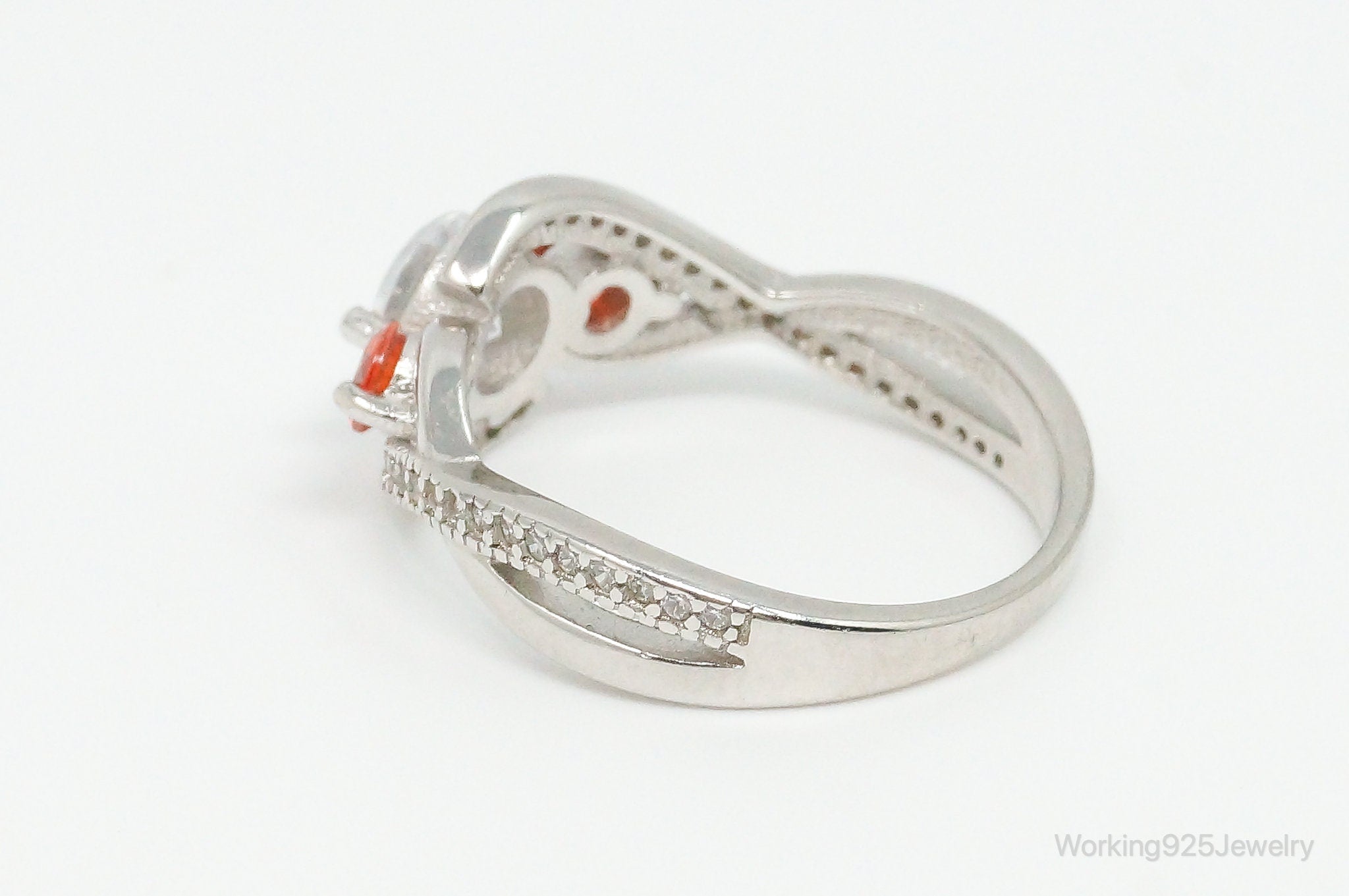 Orange & White Cubic Zirconia Sterling Silver Ring - Size 8.75