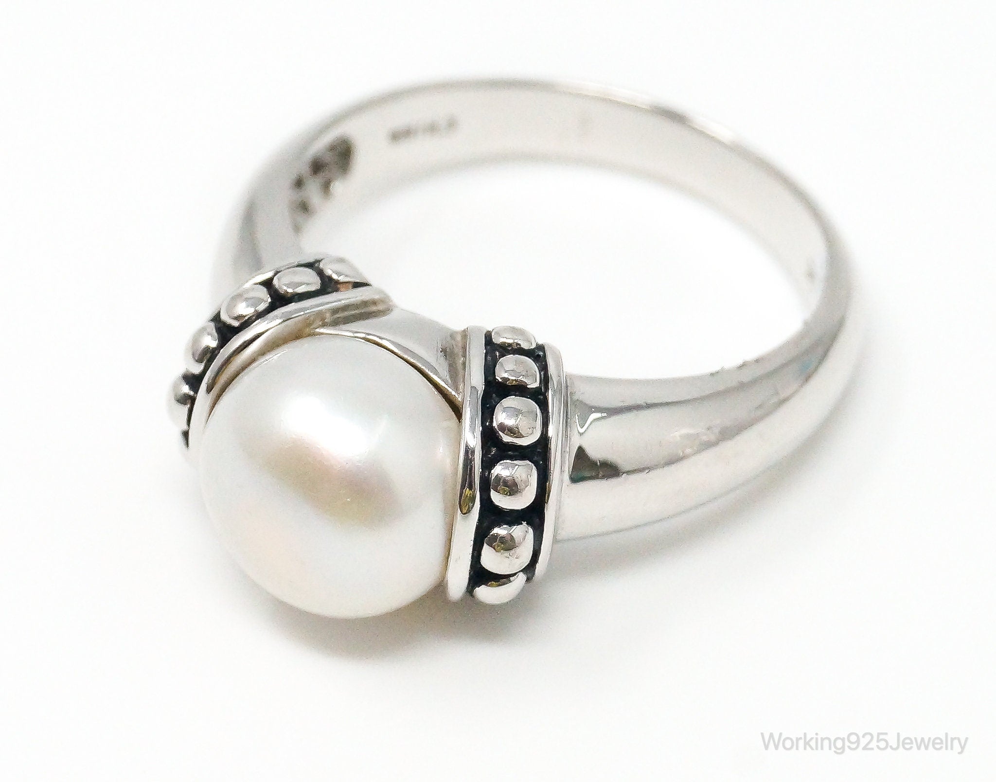 Vintage Designer Pearl Sterling Silver Ring - Size 8