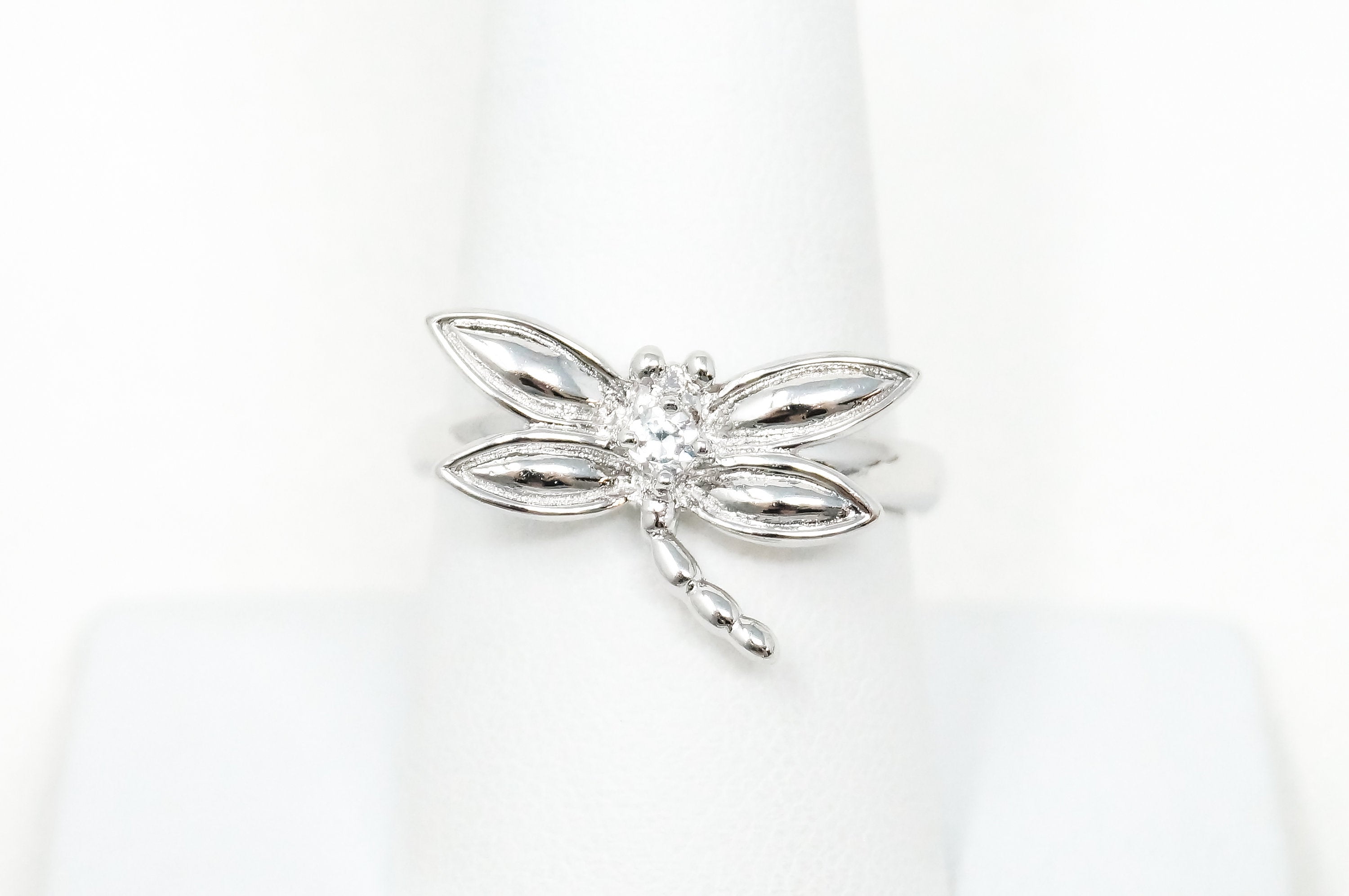 Vintage Cubic Zirconia Dragonfly Sterling Silver Ring - Sz 9 -784203114