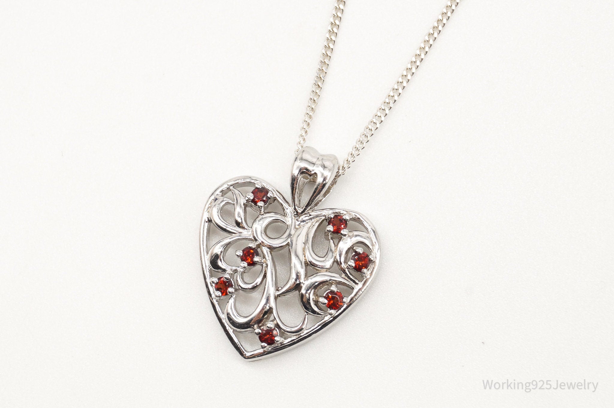 Vintage Garnet Heart Sterling Silver Necklace