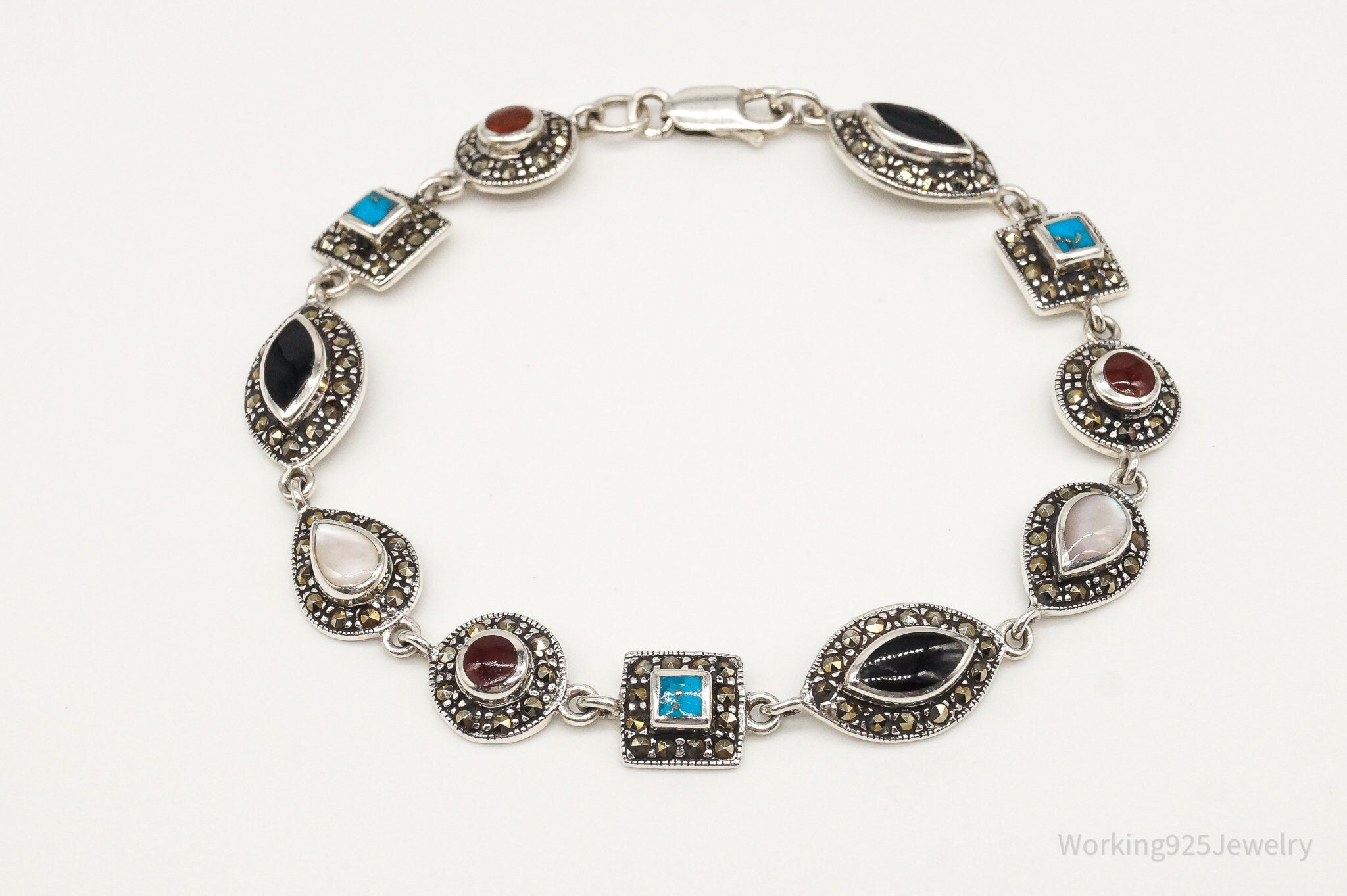 Vintage Art Deco Multiple Gemstone Sterling Silver Bracelet