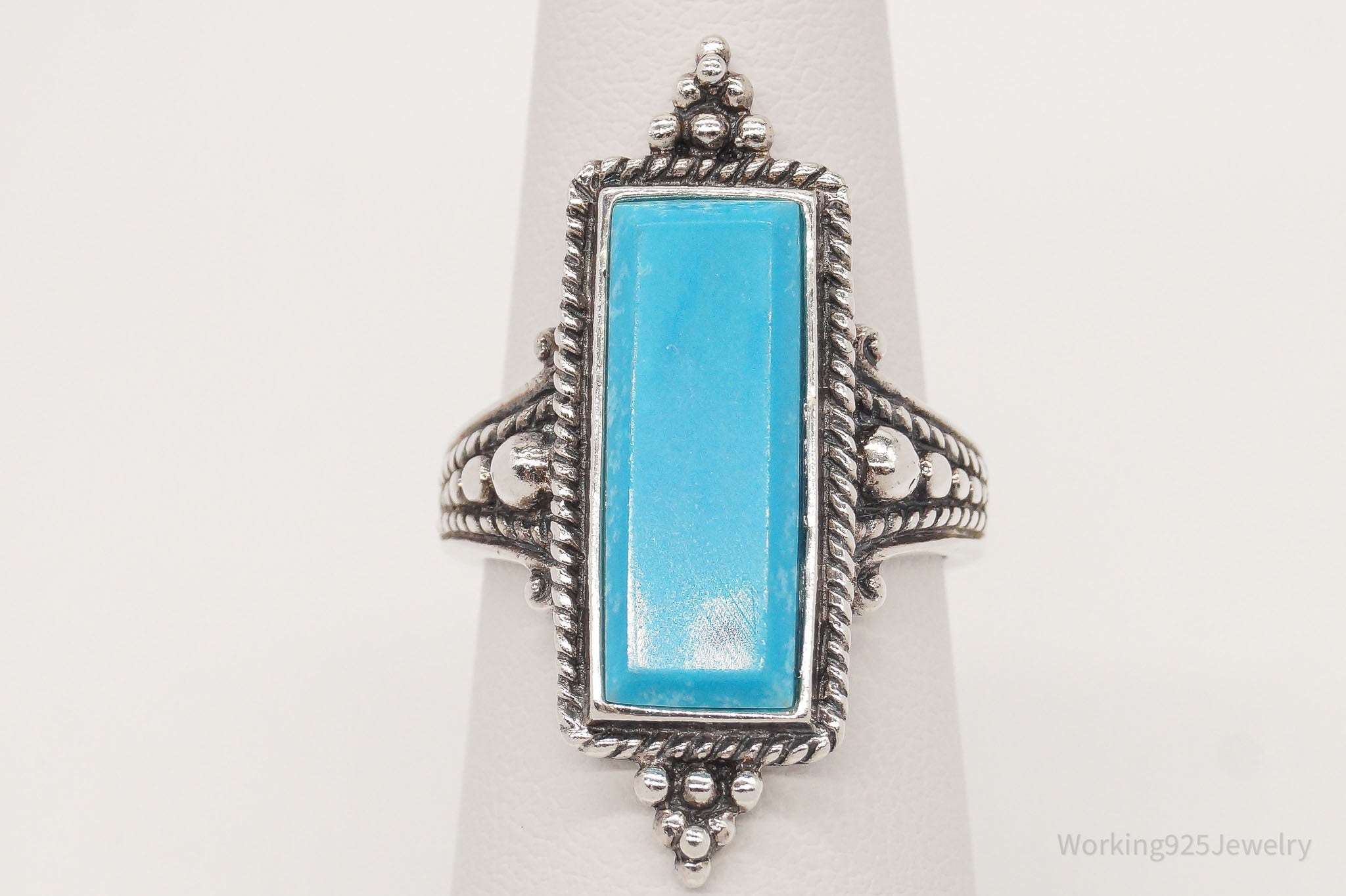 Vintage Bali Style Blue Turquoise Filigree Sterling Silver Ring - Size 6.75