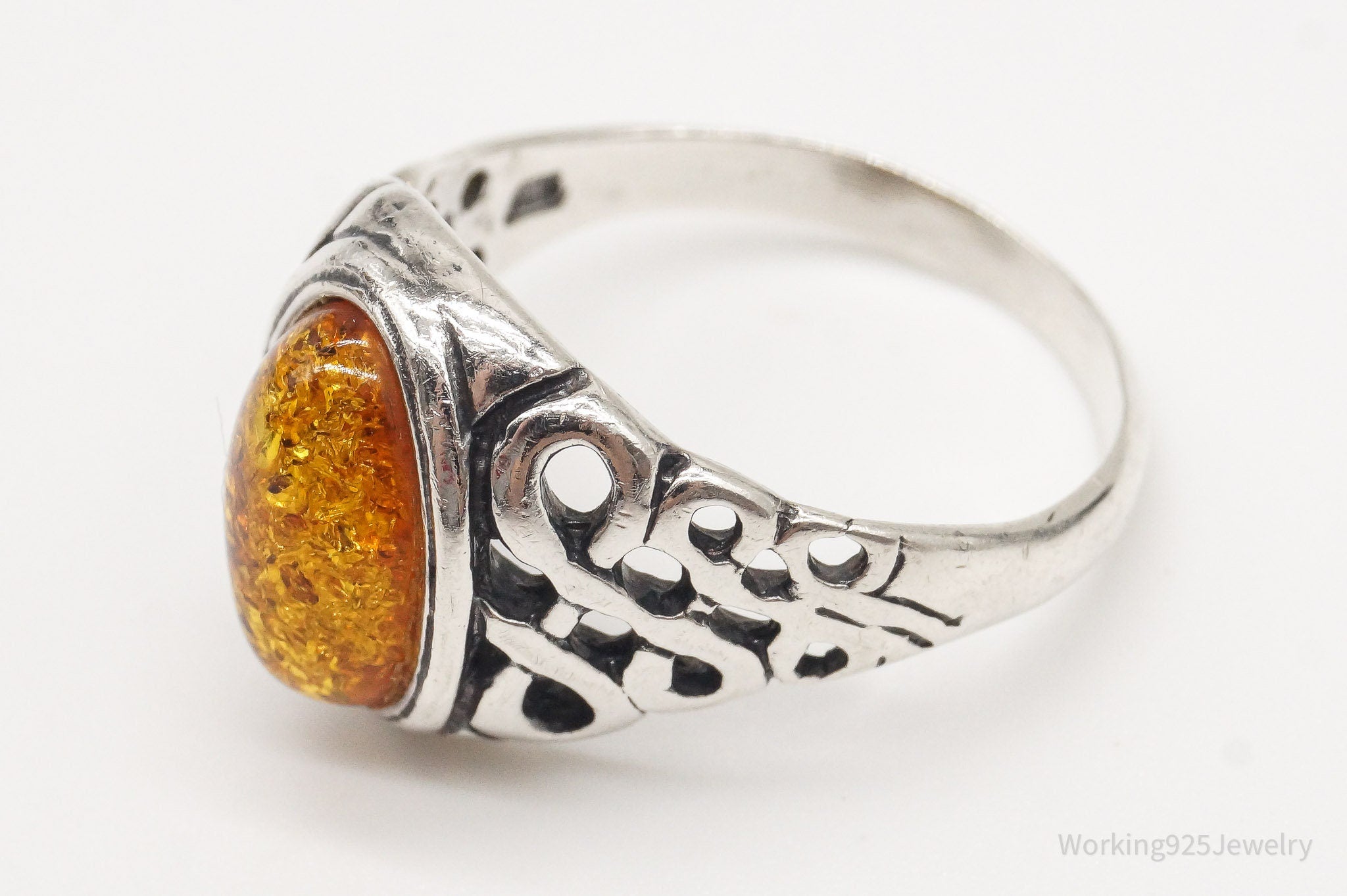 Vintage Amber Sterling Silver Ring - Size 9.5