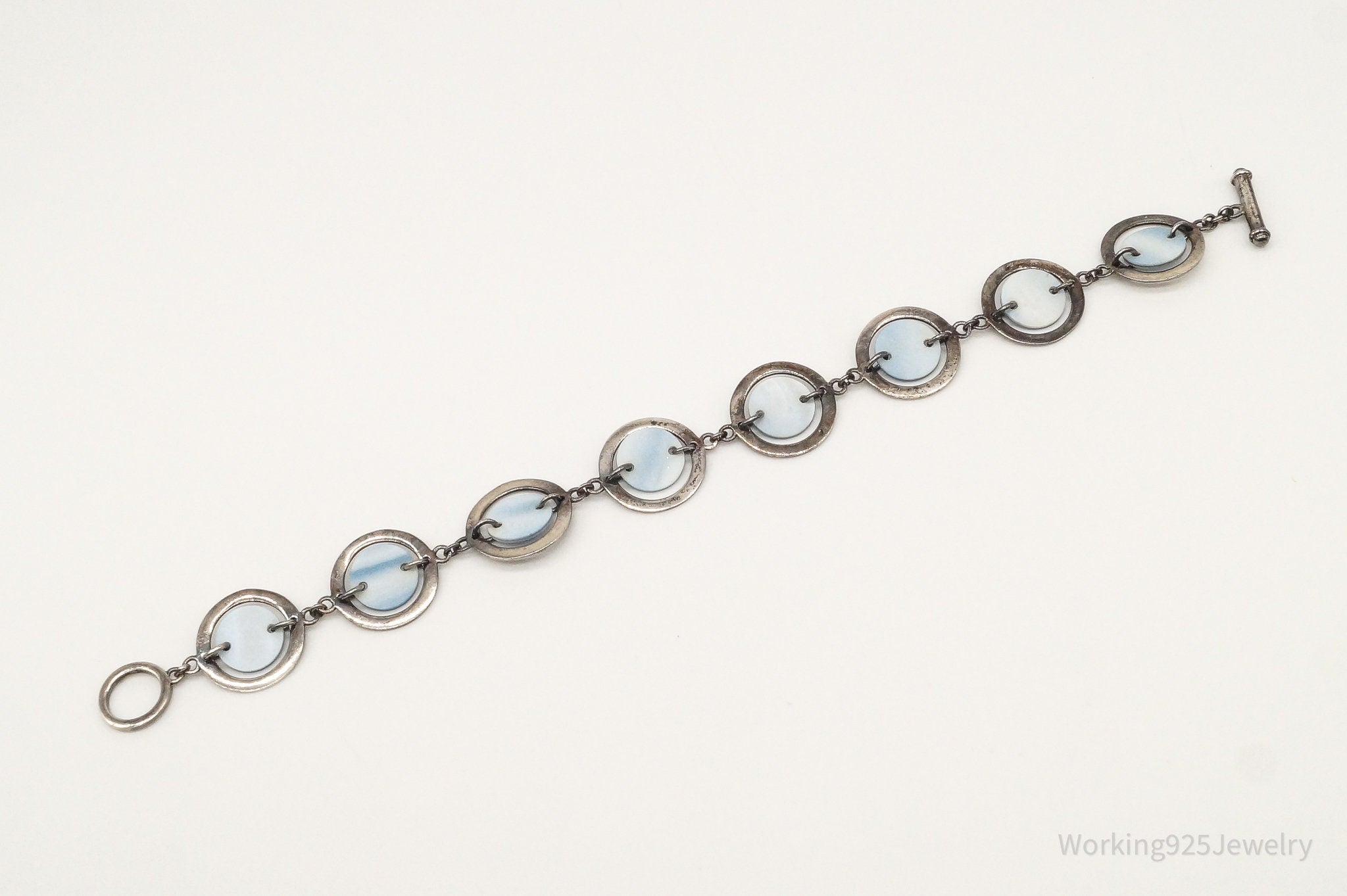 Vintage Blue Mother Of Pearl Sterling Silver Toggle Bracelet