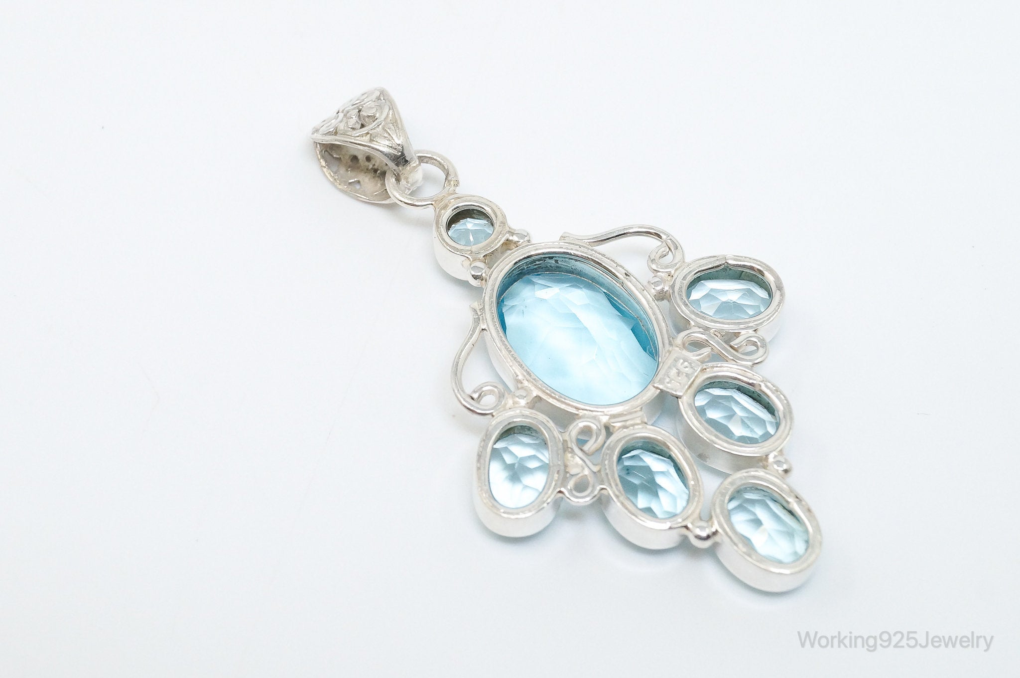 Large Vintage Blue Topaz Sterling Silver Necklace Pendant