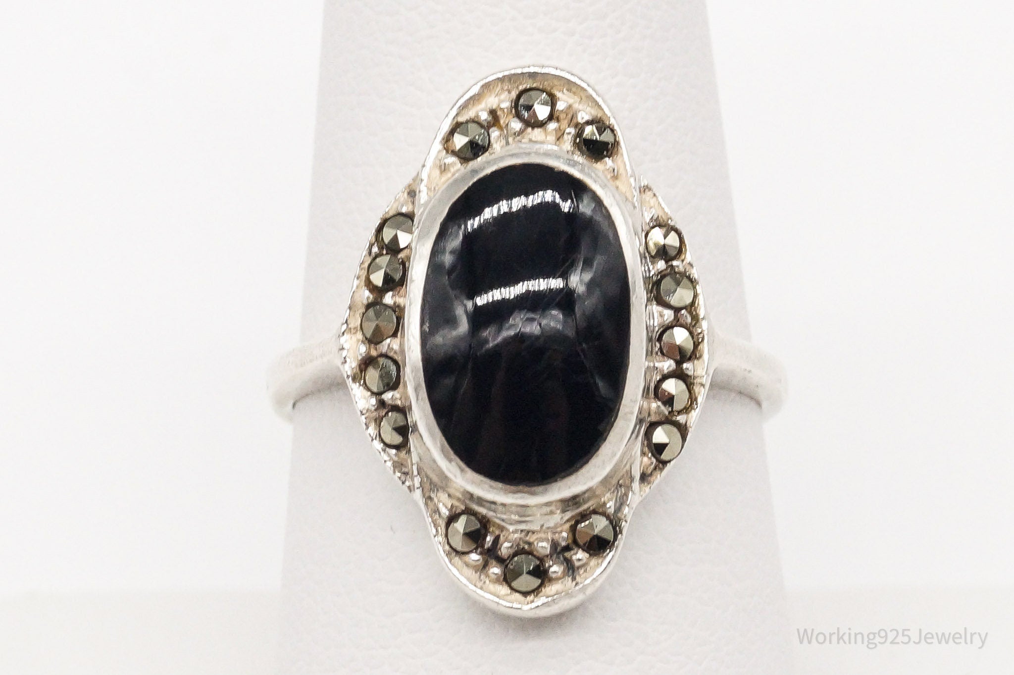 Vintage Black Onyx Marcasite Sterling Silver Ring - Size 8