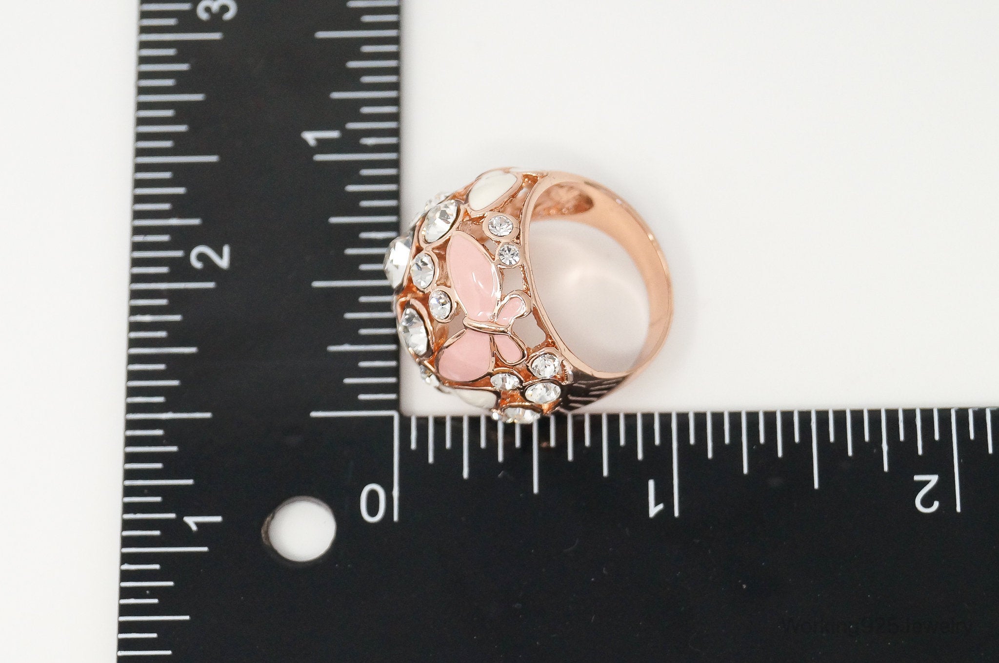 VTG Rose Gold Enamel Crystals & Butterflies Statement Costume Ring Size 7