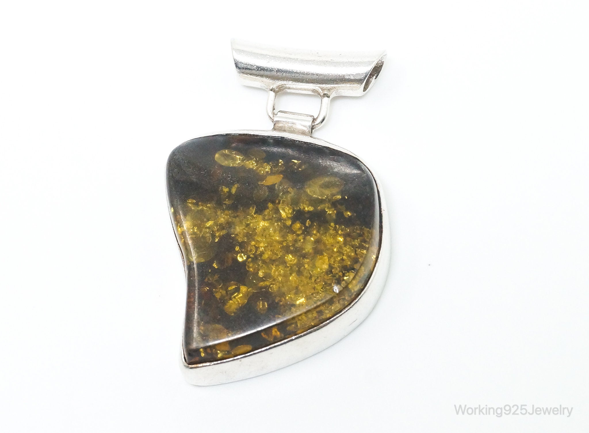 Large Vintage Amber Modernist Sterling Silver Necklace Pendant