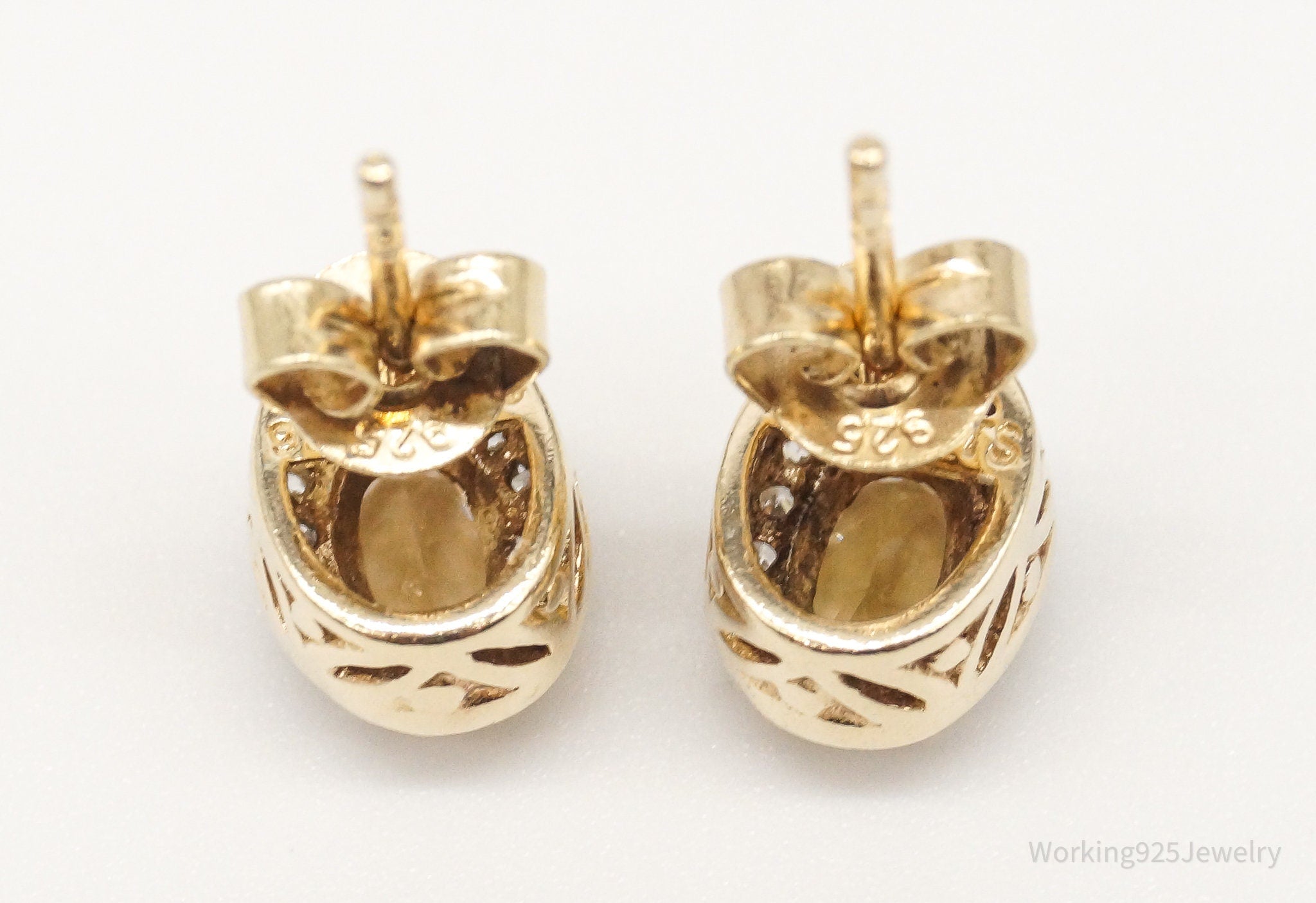 Vintage Citrine Cubic Zirconia Yellow Gold Sterling Silver Earrings