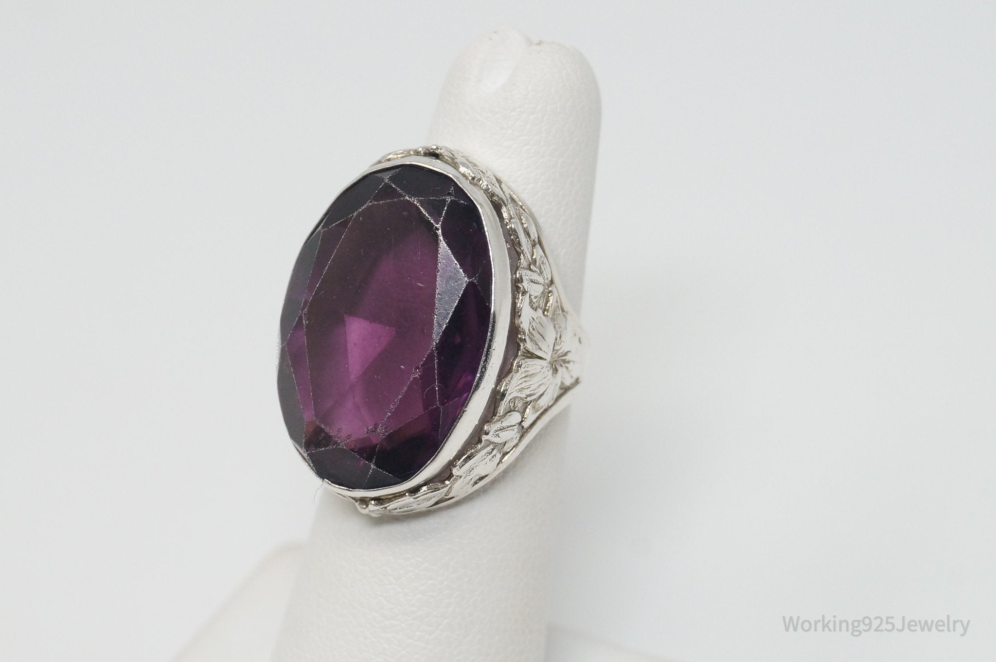 Antique Large Purple Glass Sterling Silver Ring - Size 6.5