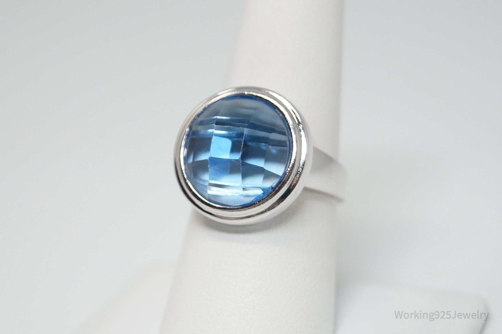 Vintage Checkerboard Blue Topaz Sterling Silver Ring - Sz 7.75