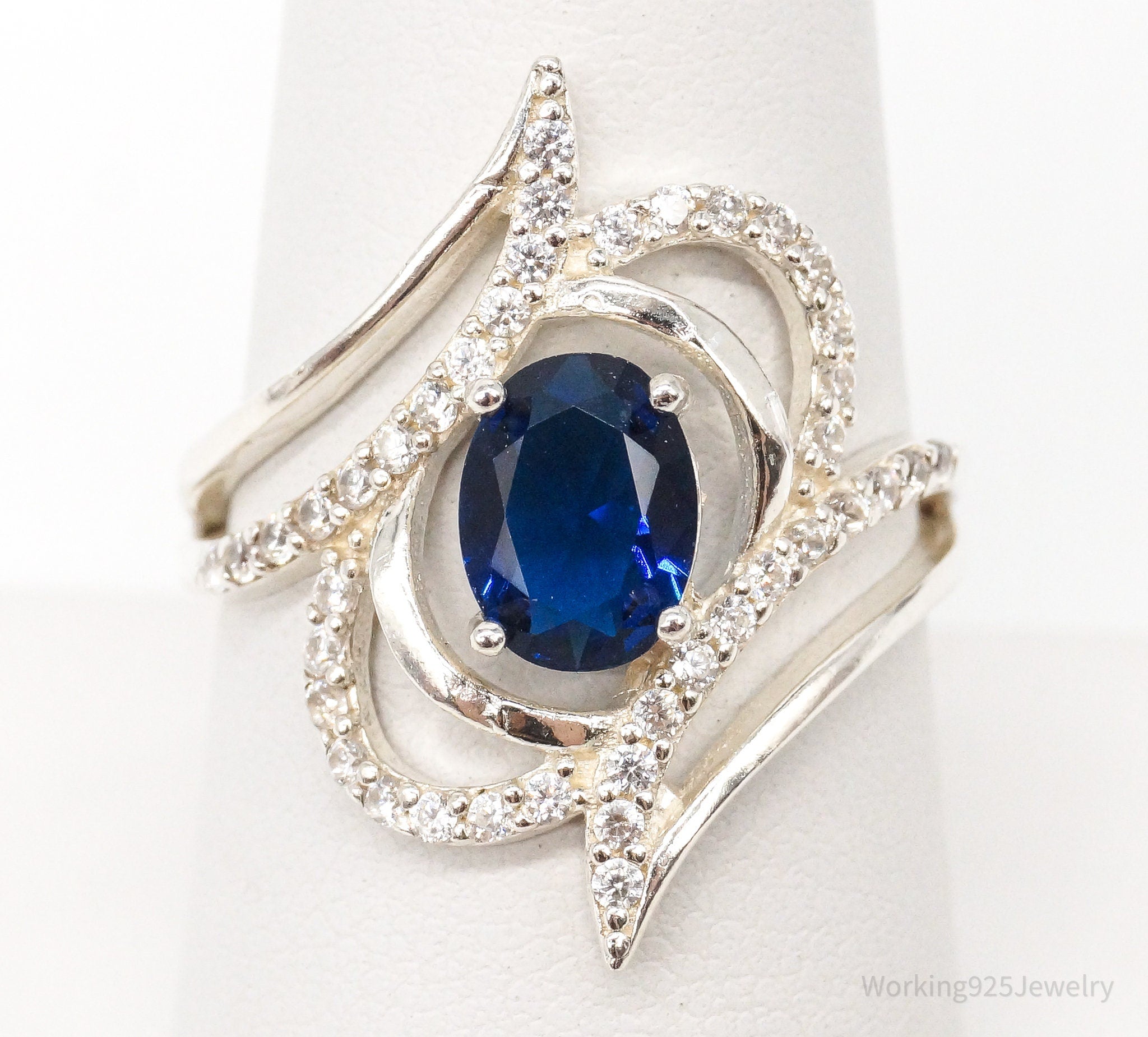 Vintage Lab Sapphire Cubic Zirconia Sterling Silver Ring - Size 8.75