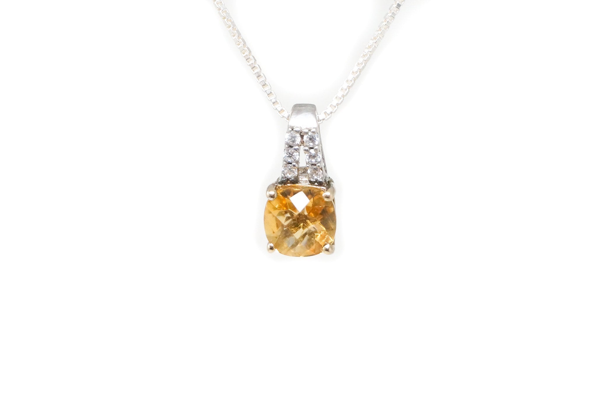 Vintage Art Deco 10K Yellow Gold Citrine CZ Sterling Silver Necklace Pendant