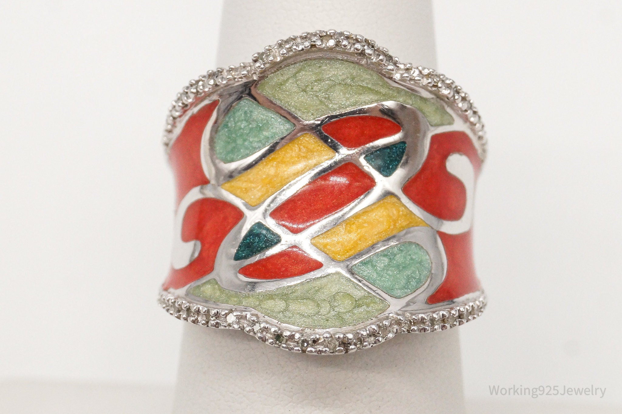 Designer JWBR Diamond Colorful Enamel Sterling Silver Ring - Size 6.75