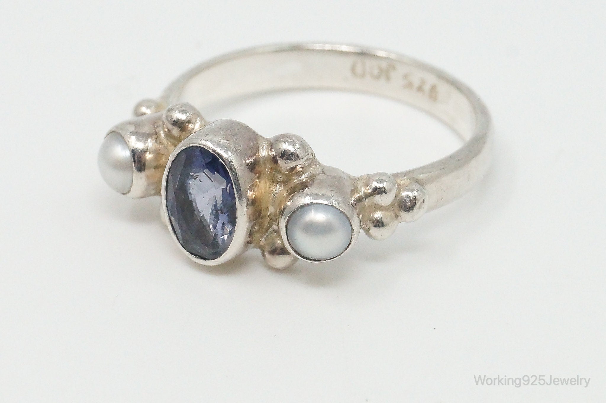 Vintage Iolite Pearl Sterling Silver Ring - Size 6.75