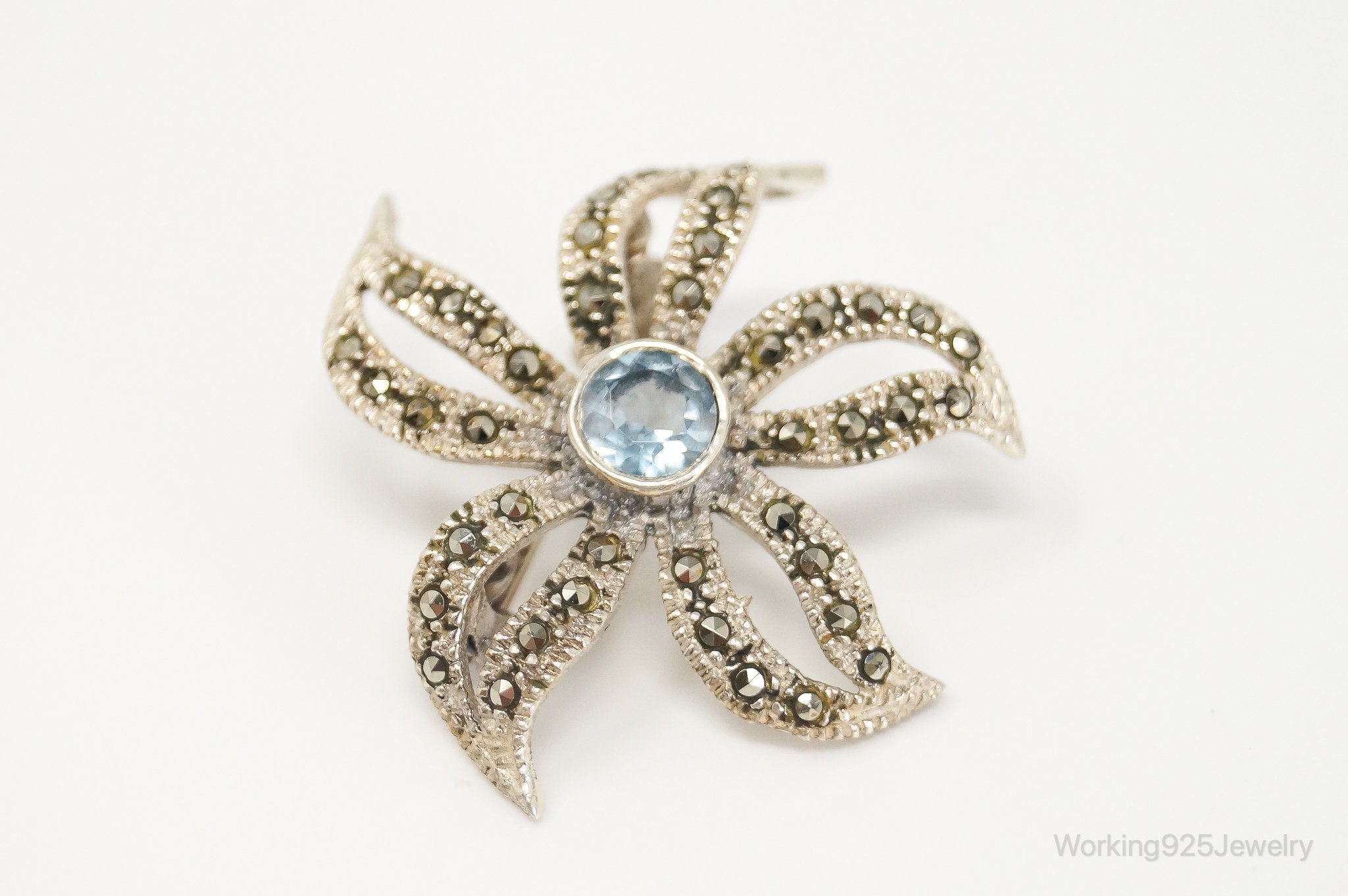 Vintage Blue Topaz Marcasite Art Deco Style Flower Sterling Silver Brooch Pin