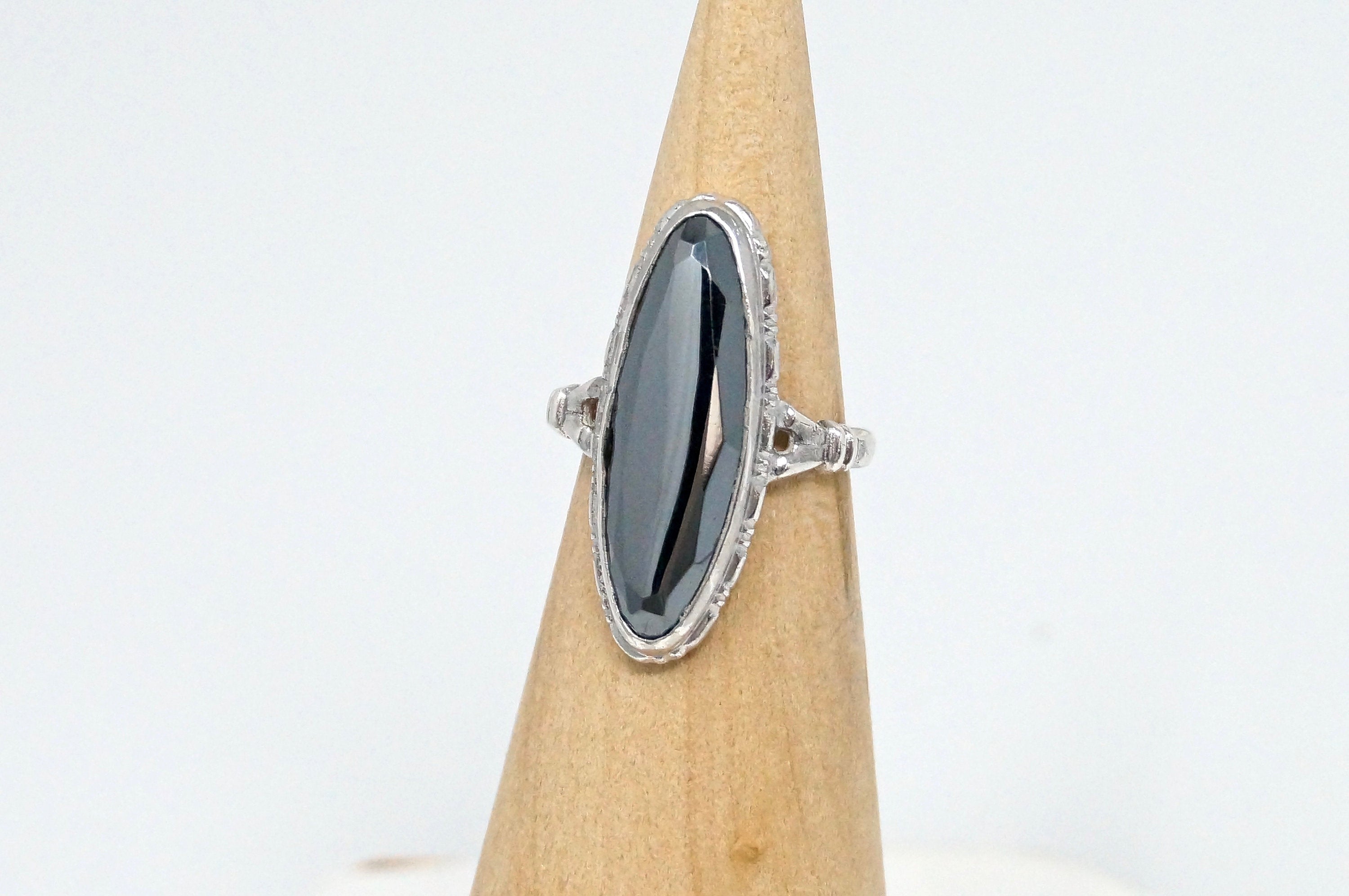 Antique Designer Large Hematite Statement Ring Sterling Silver - Size 4.75