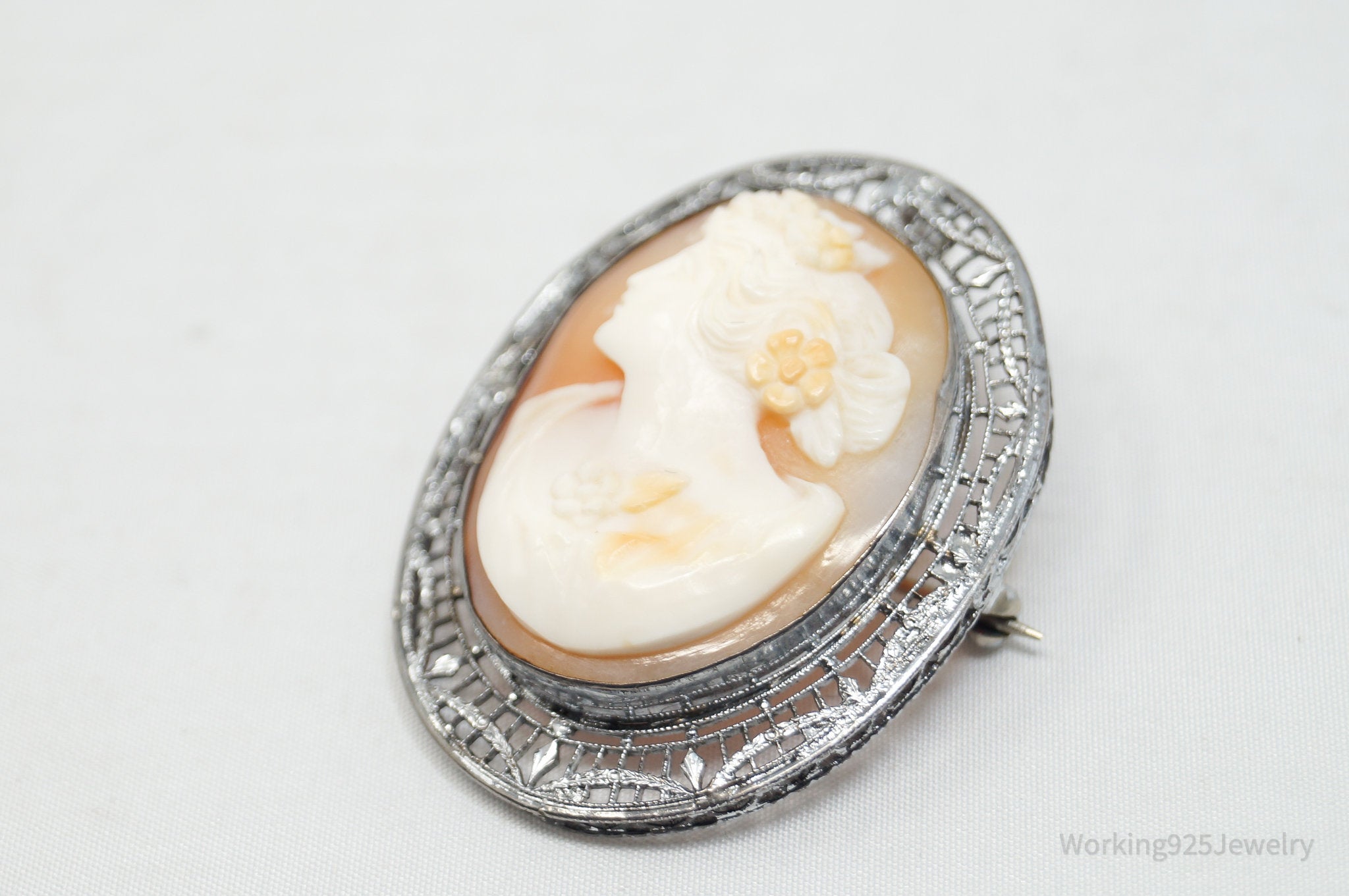 Antique Victorian Ostby Barton Shell Cameo Titanic Ornate Sterling Silver Brooch