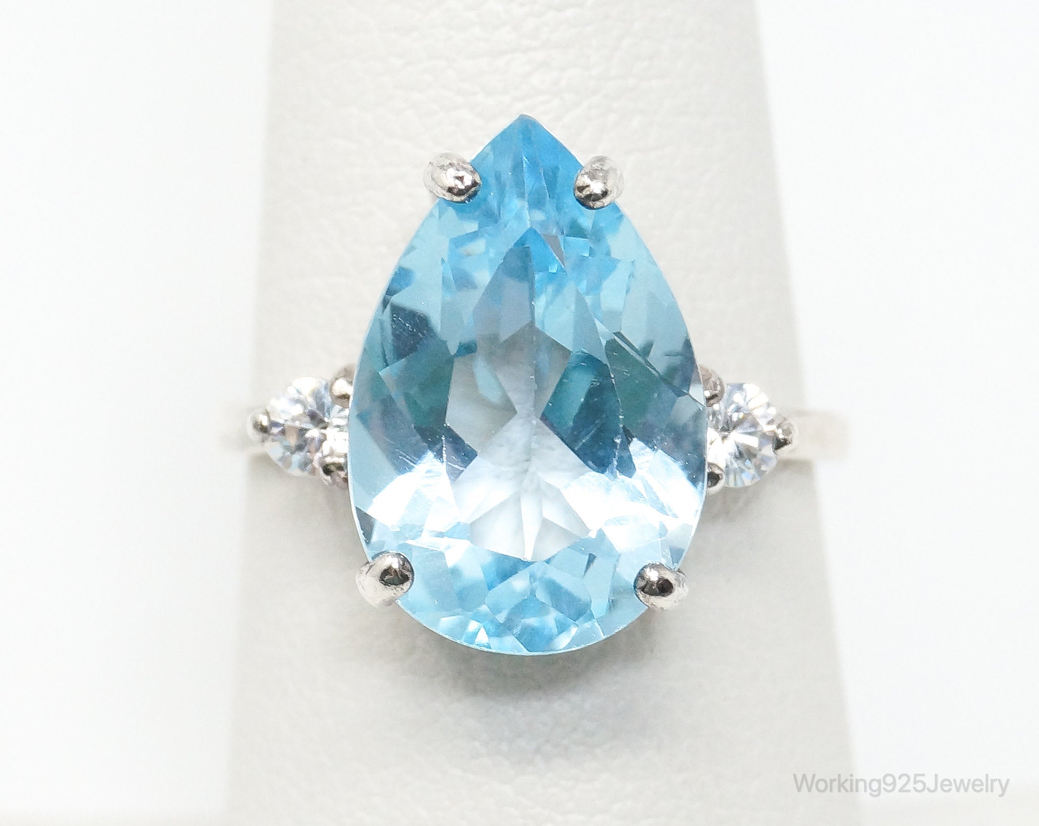 Vintage Large Blue Topaz Cubic Zirconia Sterling Silver Statement Ring Size 6.75