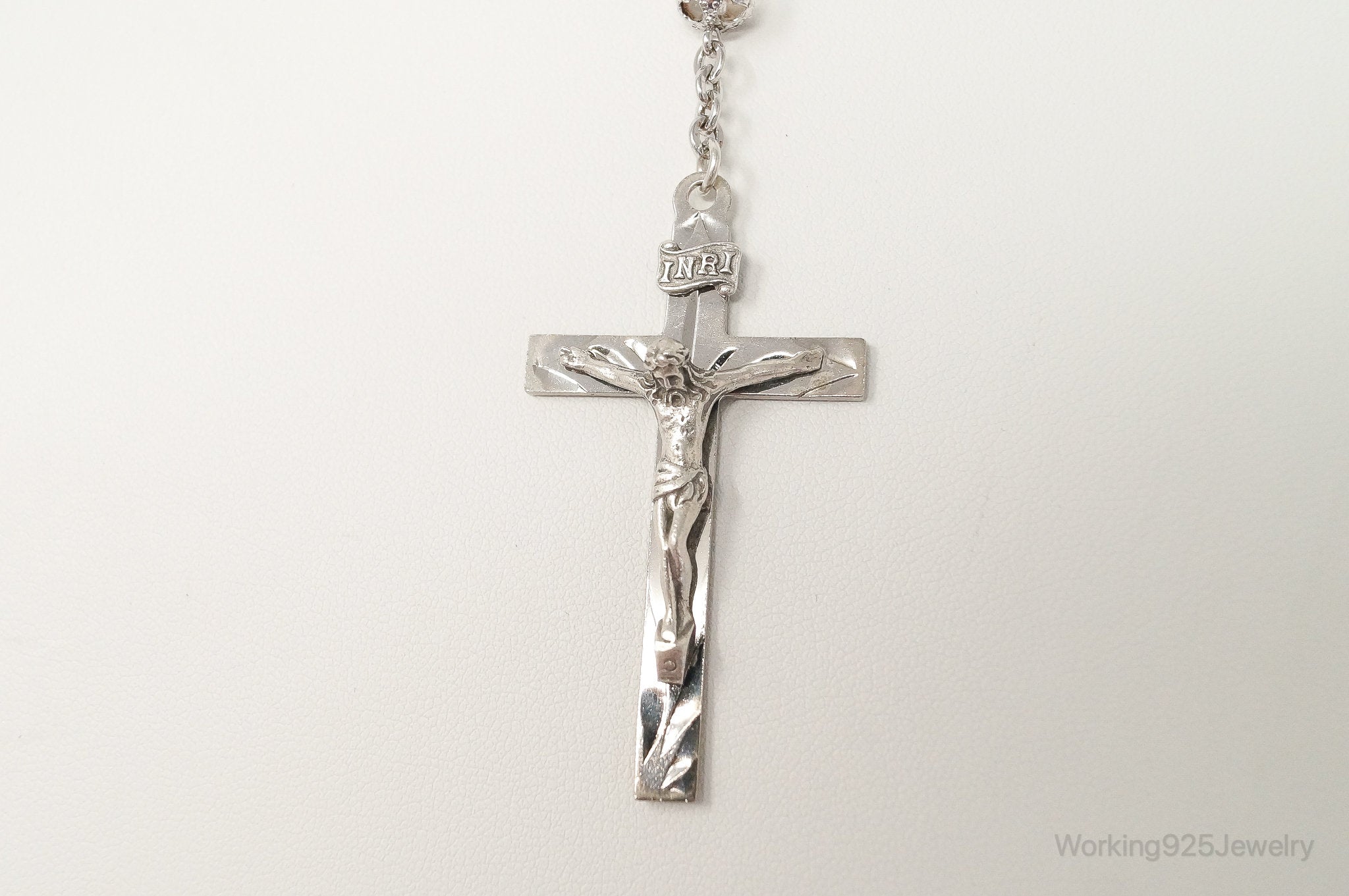 Vintage Crystal Beaded Rosary Cross Sterling Silver Necklace