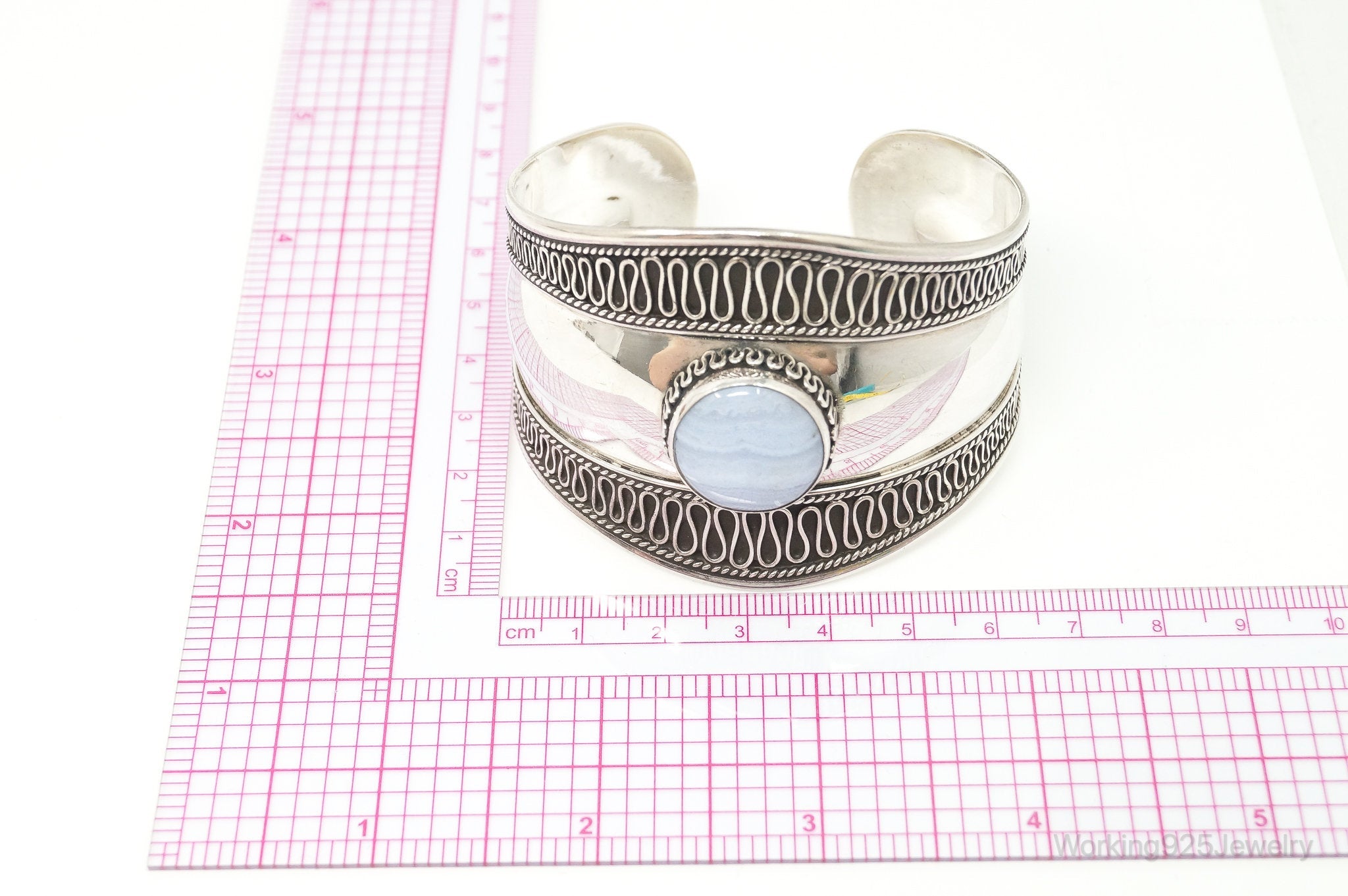 Designer BA Suarti Blue Lace Agate Bali Sterling Silver Cuff Bracelets