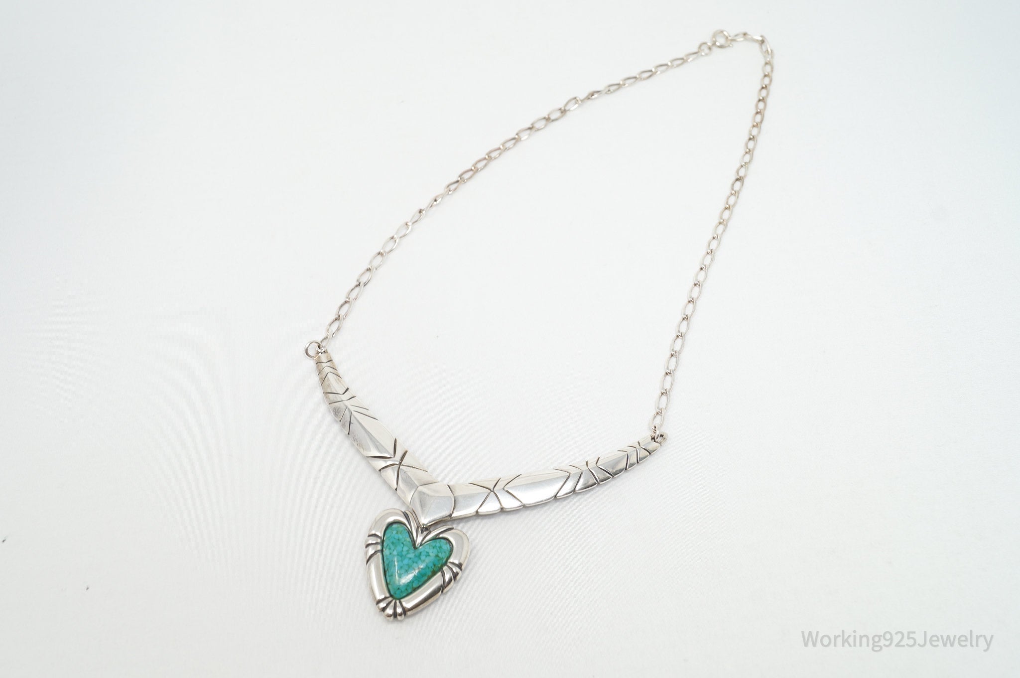 Vintage Designer Carolyn Pollack Turquoise Heart Sterling Silver Necklace