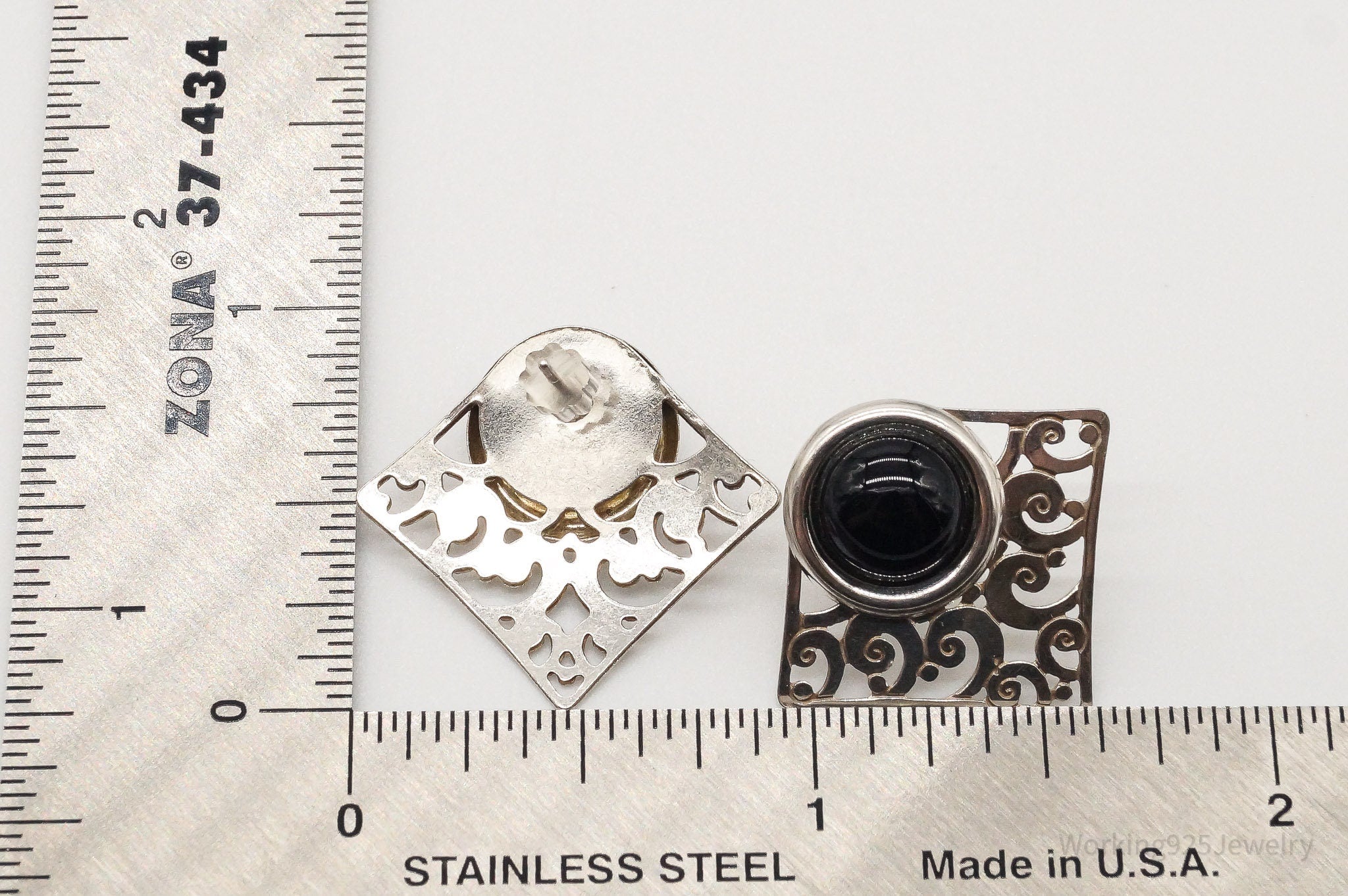 Vintage Black Onyx Filigree Sterling Silver Earrings