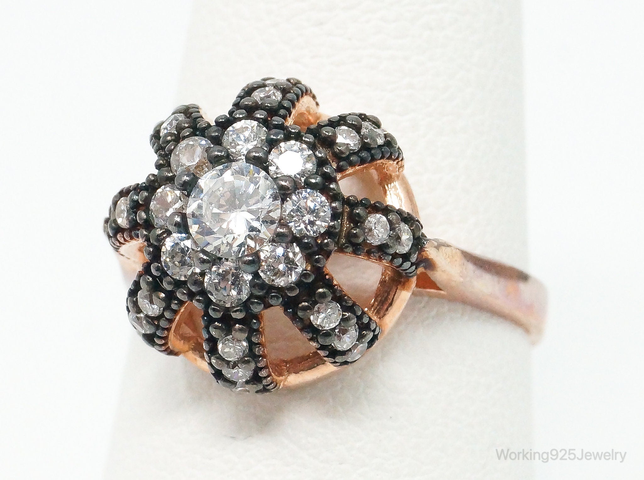 Vintage Cubic Zirconia Rose Gold Vermeil Sterling Silver Crown Ring - Size 7.25