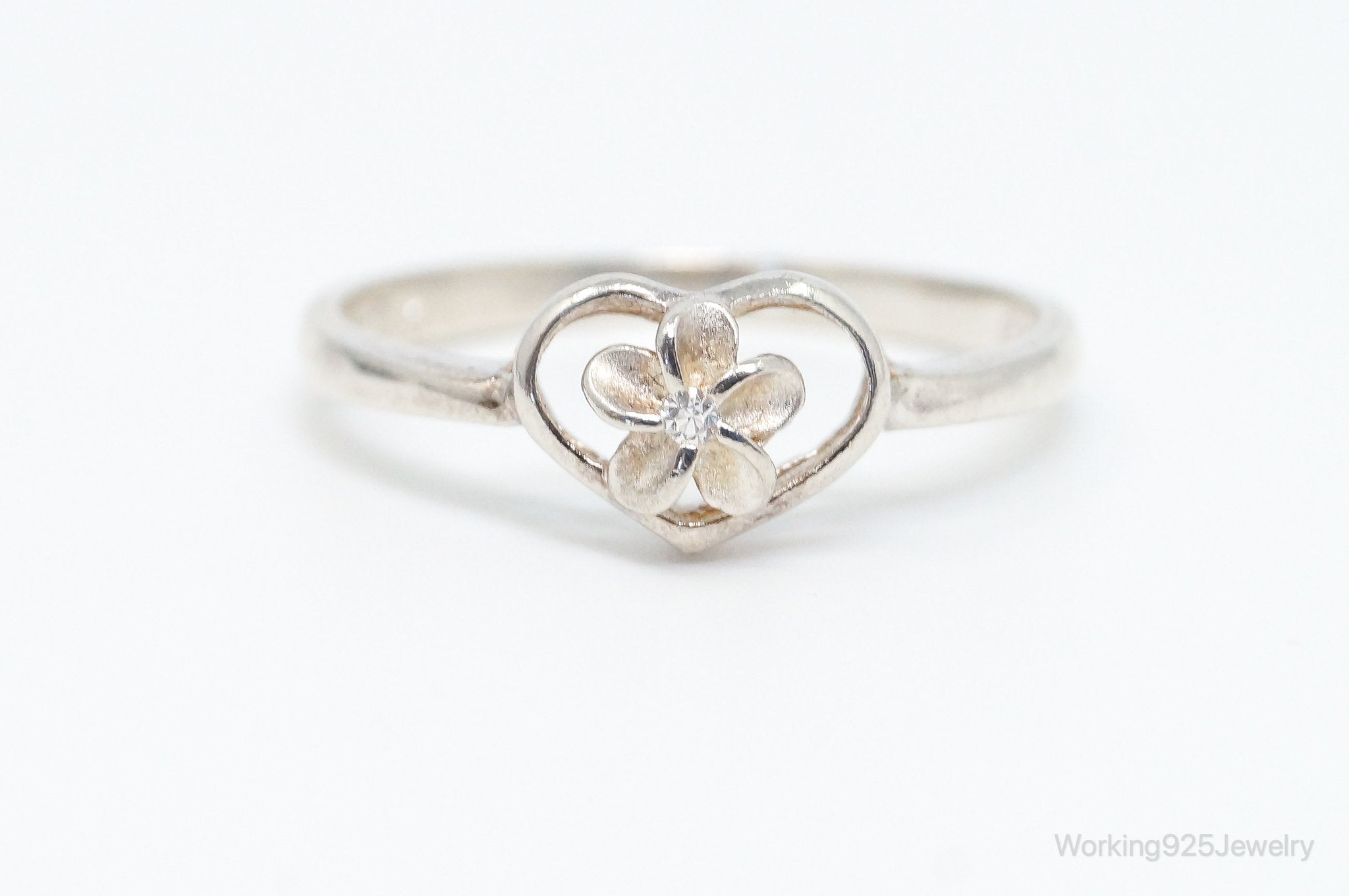 Vintage Cubic Zirconia Flower Heart Sterling Silver Ring - SZ 8.5