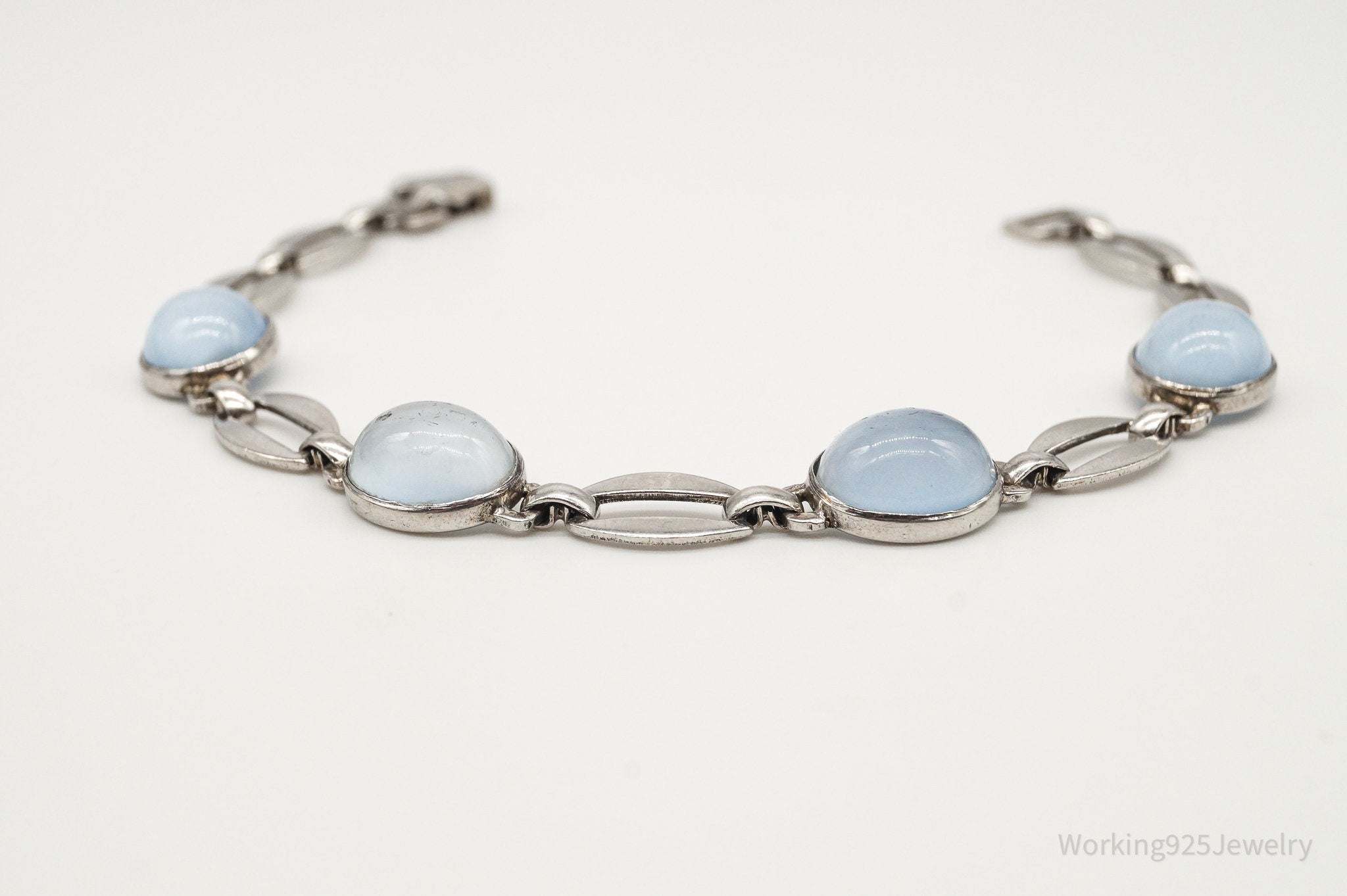 Antique WE Richards Blue Cats Eye Glass Sterling Silver Bracelet