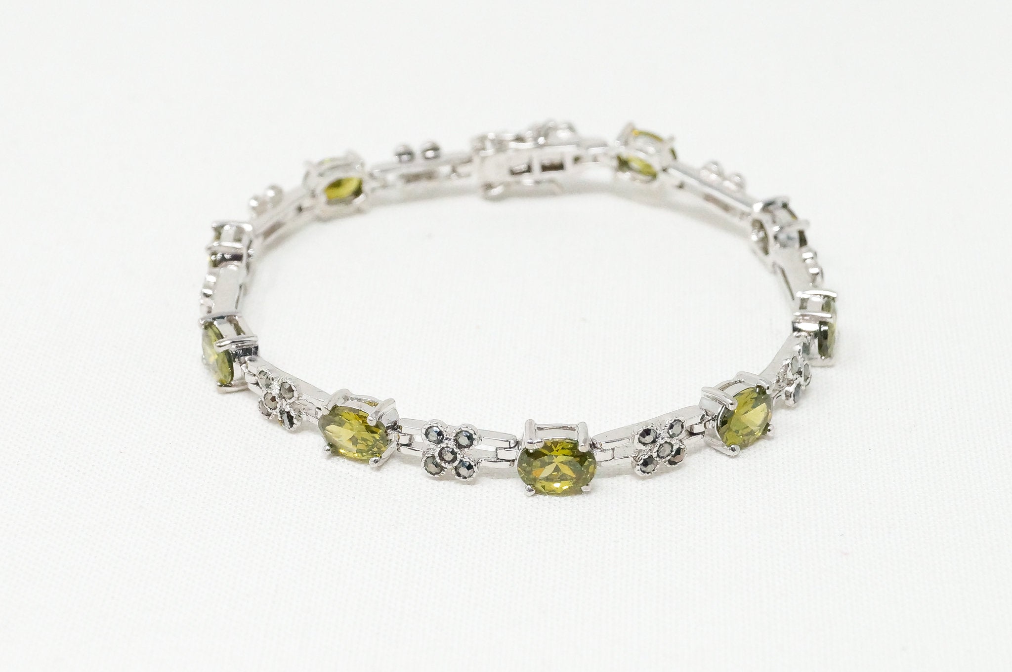 Vintage Art Deco Peridot Marcasite Floral Sterling Silver Tennis Bracelet