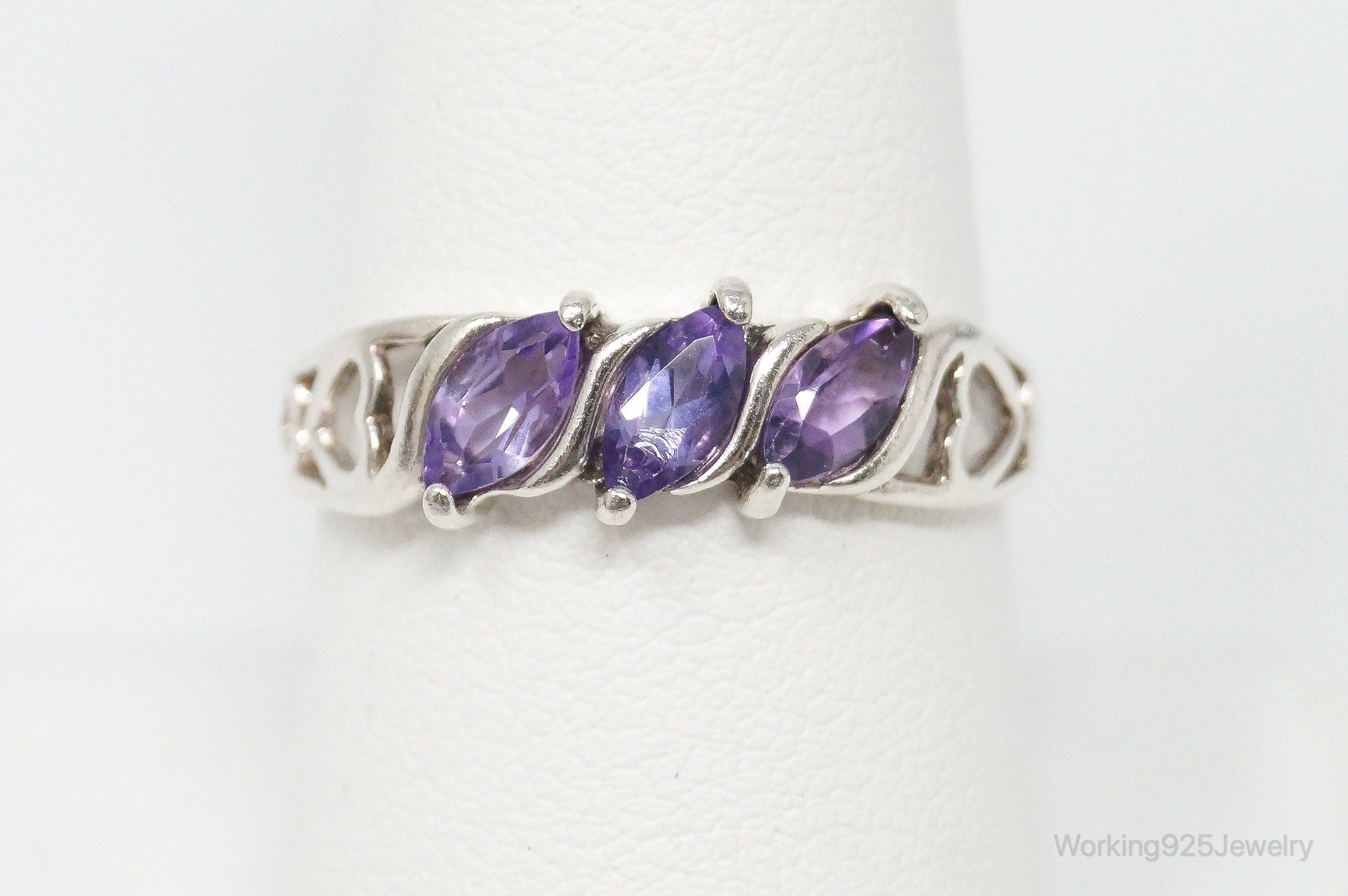 Vintage Amethyst Cut Out Hearts Sterling Silver Ring - Size 8.75