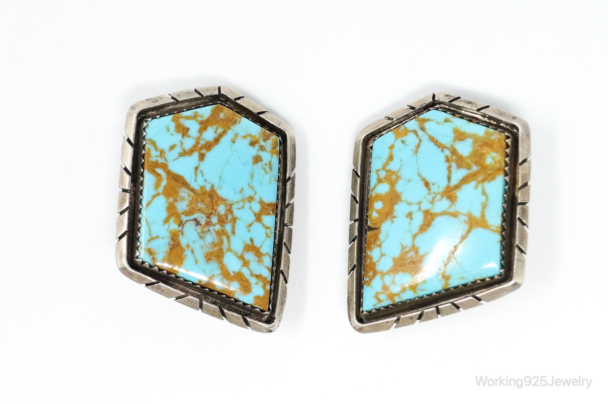 Large Vintage Native American LS Turquoise Sterling Silver Clip On Earrings