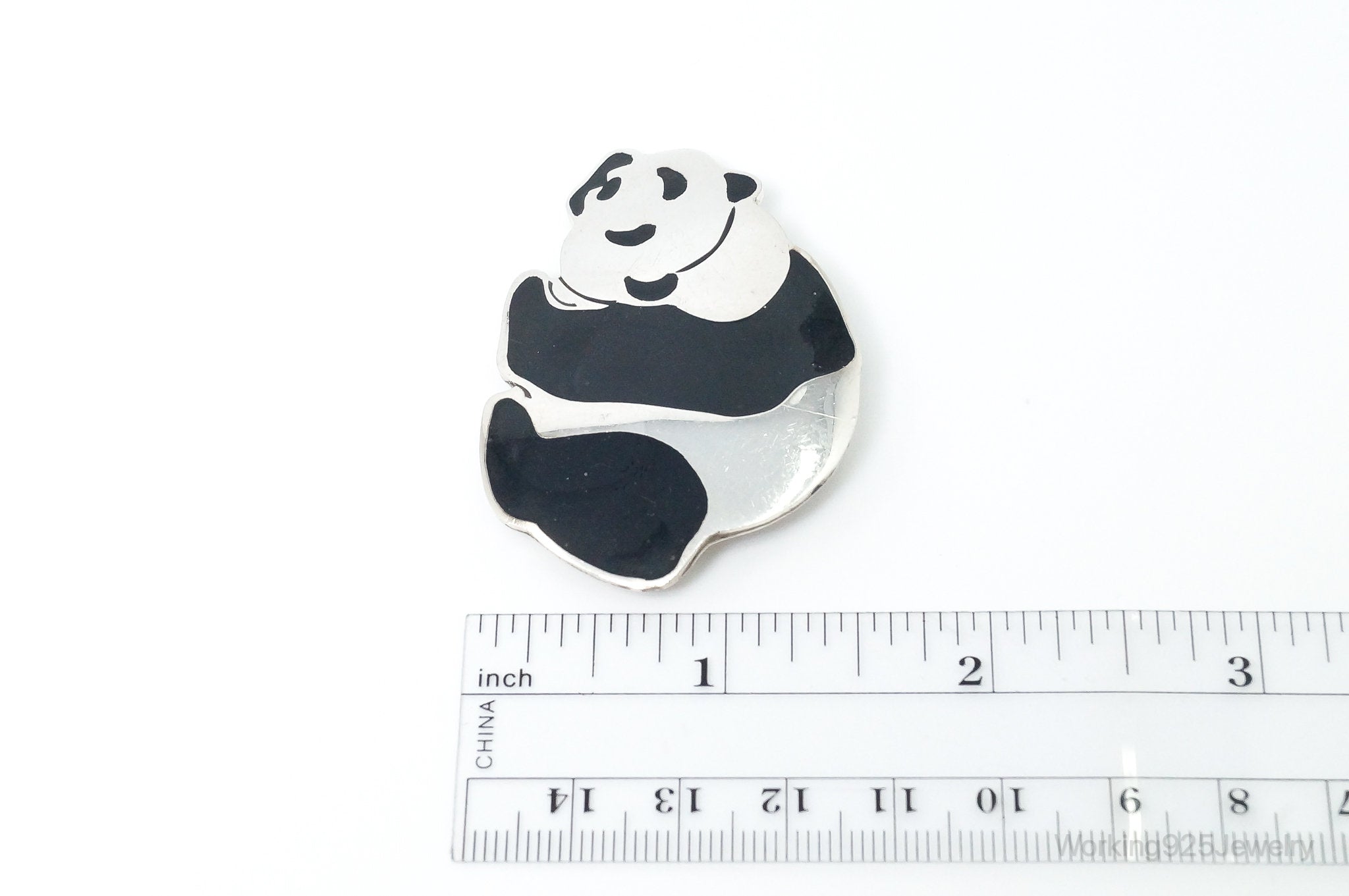 Large Vintage Mexico Enamel Panda Sterling Silver Brooch Pendant