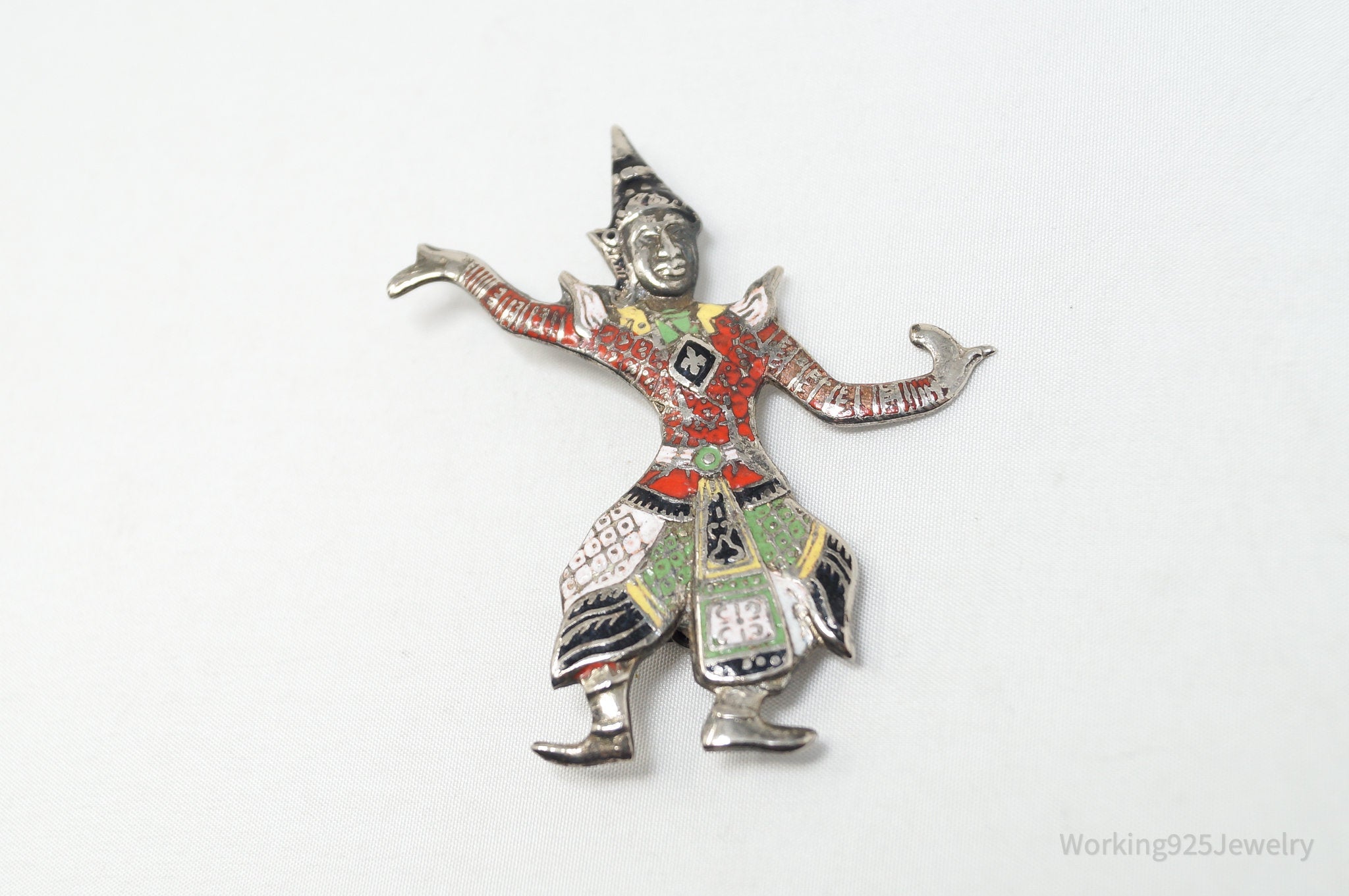 Large Vintage Thai Dancer Goddess Enamel Sterling Silver Brooch Pin