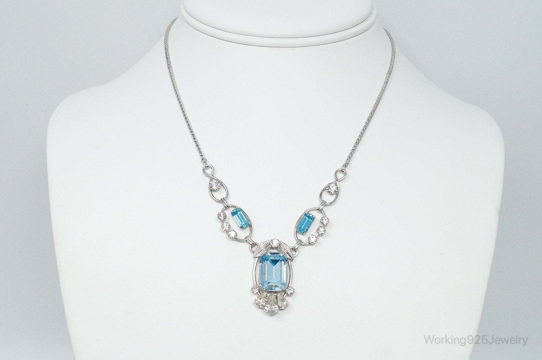 Vintage Designer Van Dell Blue Topaz Cubic Zirconia Sterling Silver Necklace