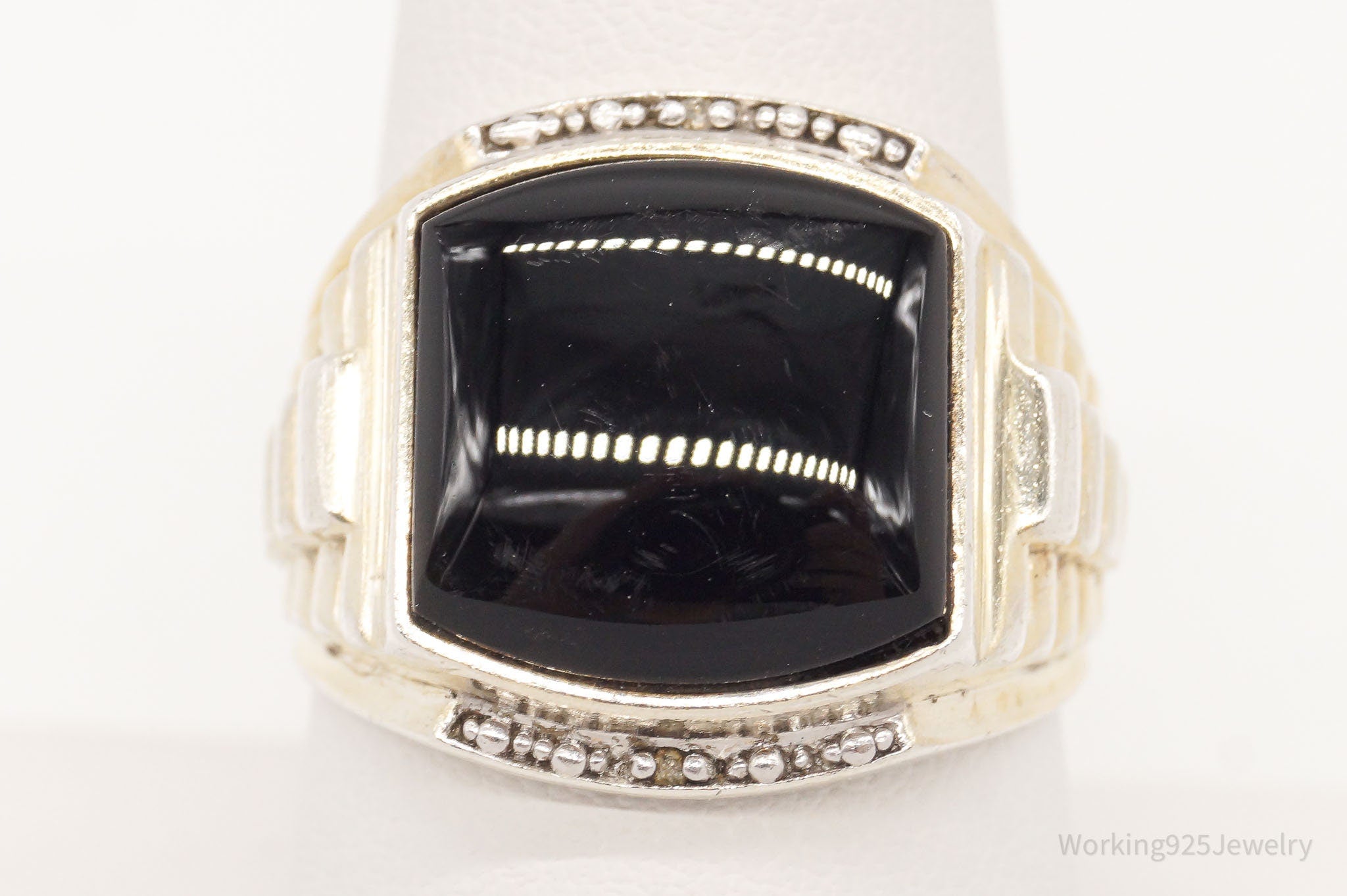 Vintage Black Onyx Two Diamond Gold Wash Sterling Silver Ring - Size 8.75