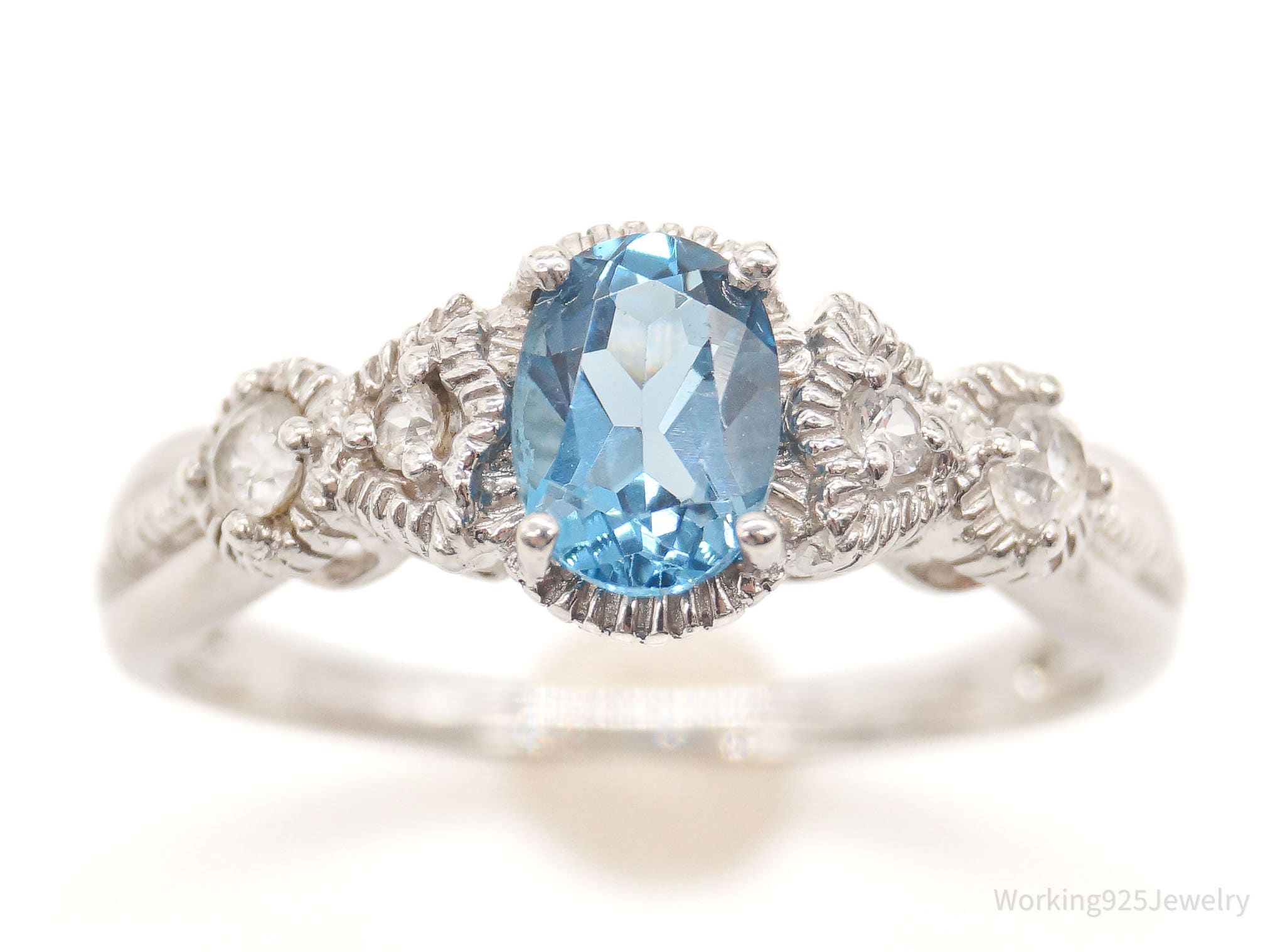 Vintage Blue Topaz Cubic Zirconia Sterling Silver Ring - Size 9