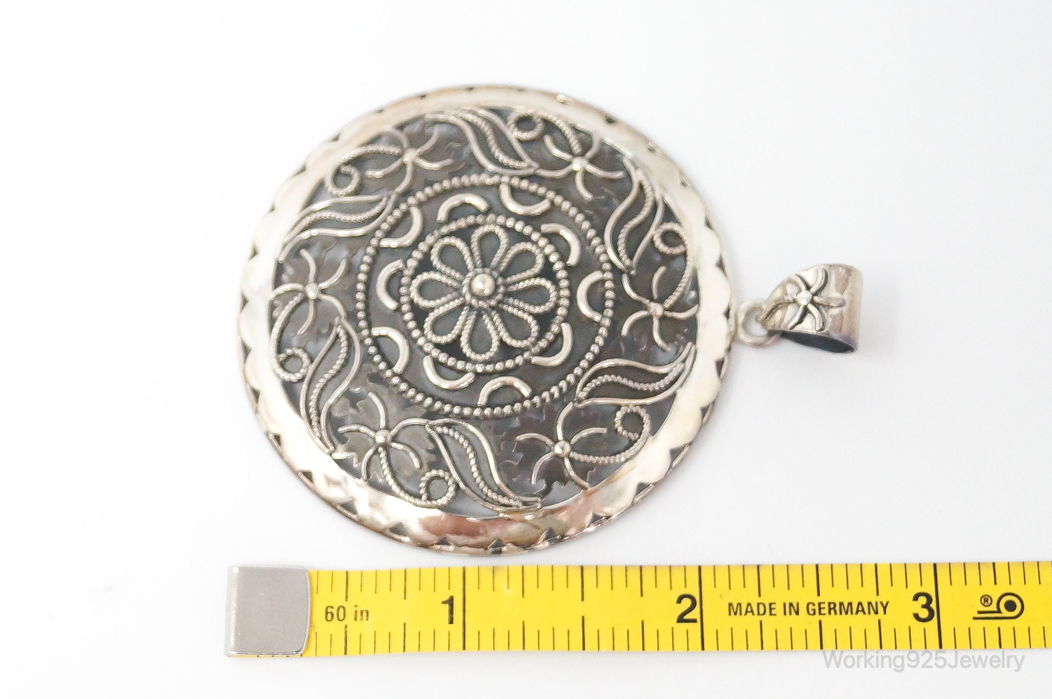 Large India Designer Doug Paulus Ornate Flower Sterling Silver Pendant